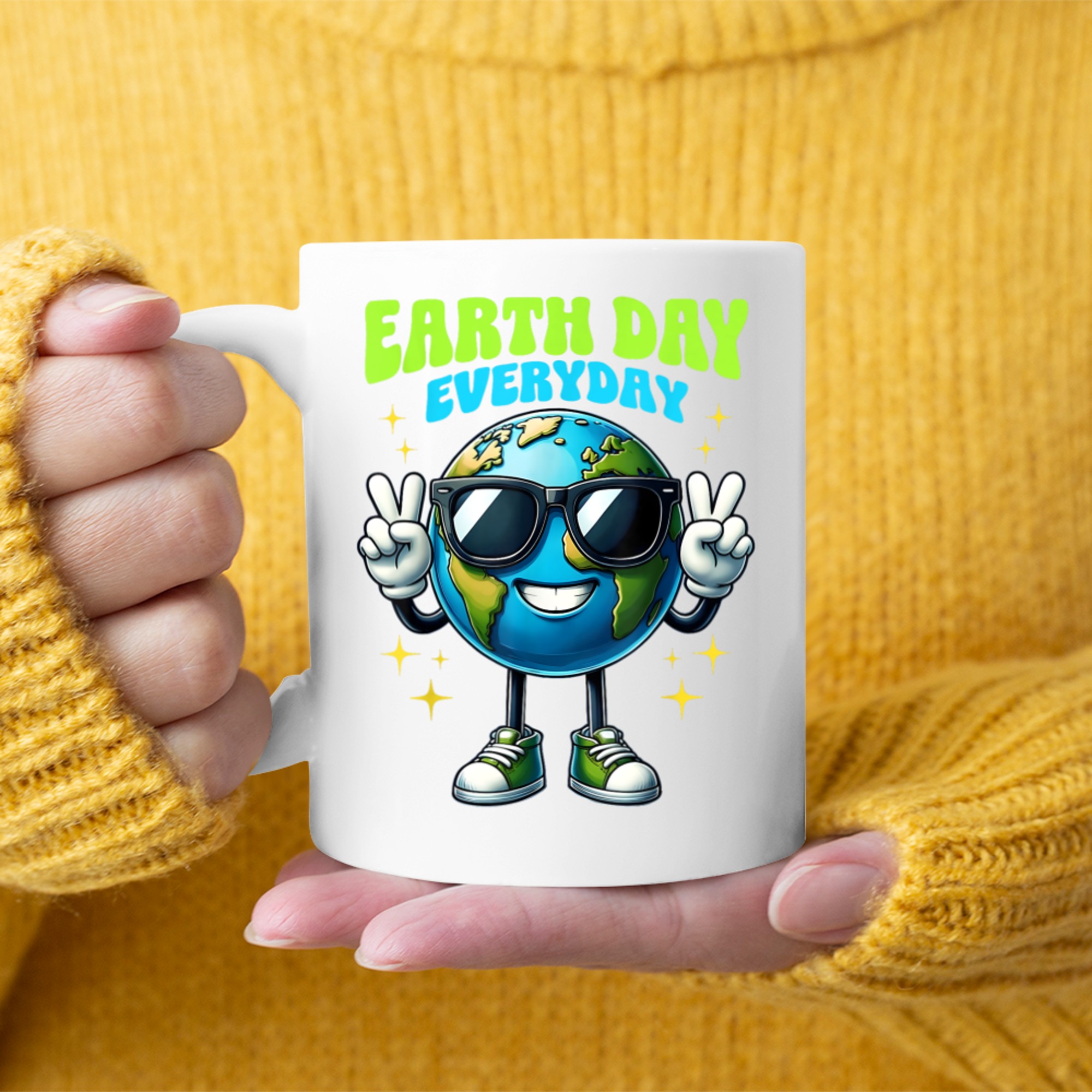 Earth Day Everyday Cool Earth Cartoon Sunglasses Peace Sign Eco Friendly Planet Mug