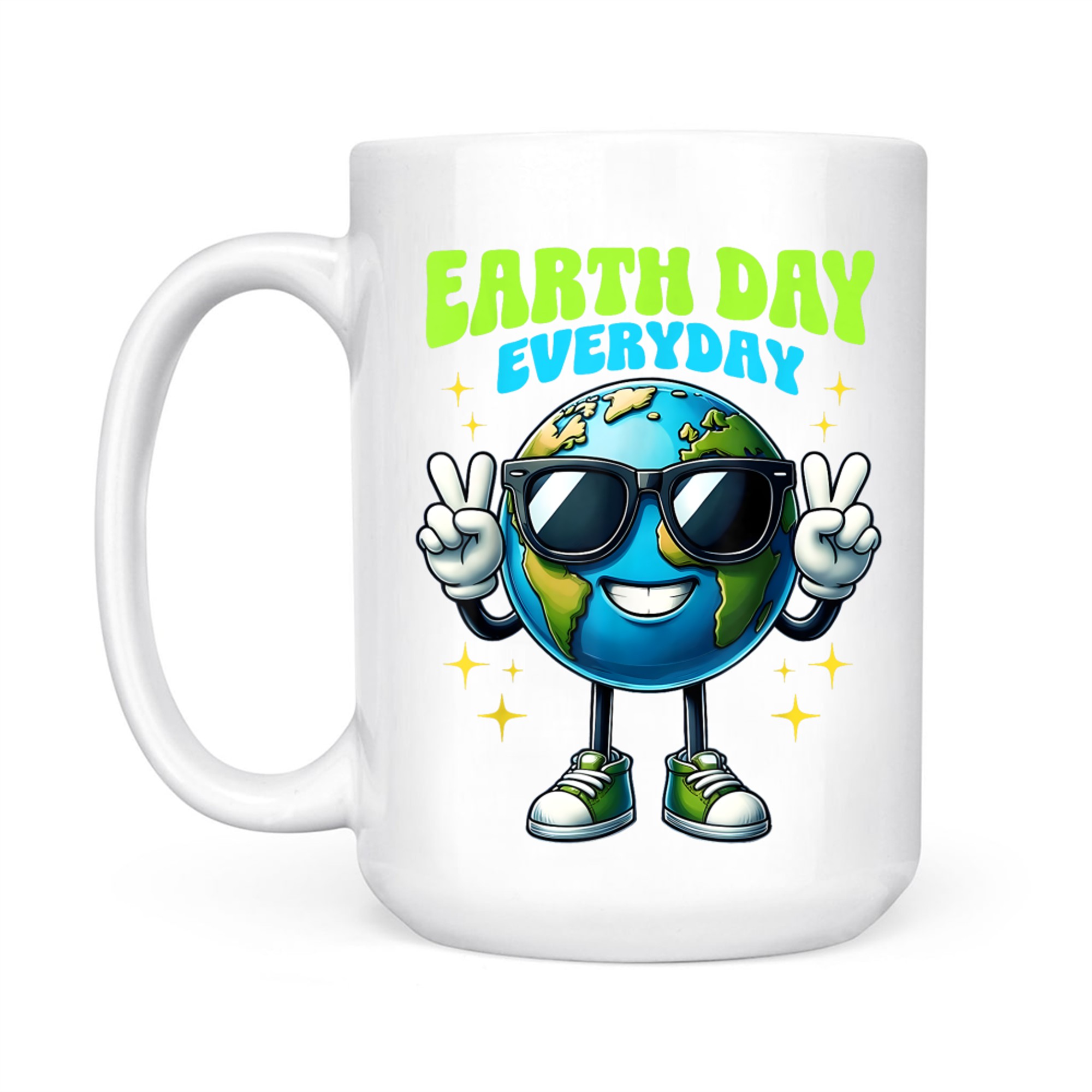 Earth Day Everyday Cool Earth Cartoon Sunglasses Peace Sign Eco Friendly Planet Mug