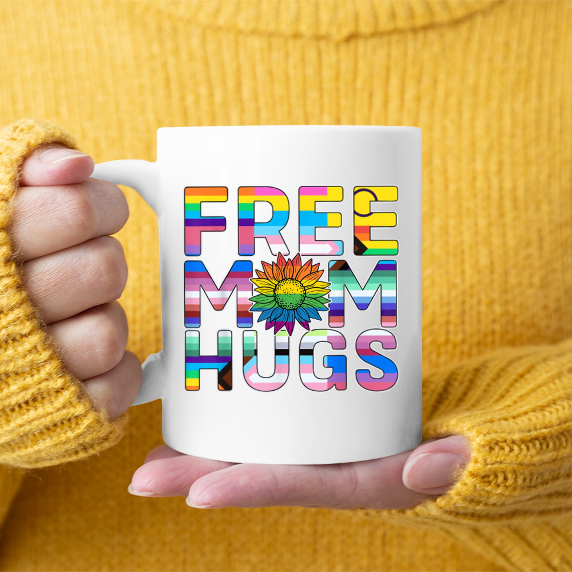 Free Mom Hugs LGBT Pride Mom Daisy Flower Lesbian Mother Day Mug