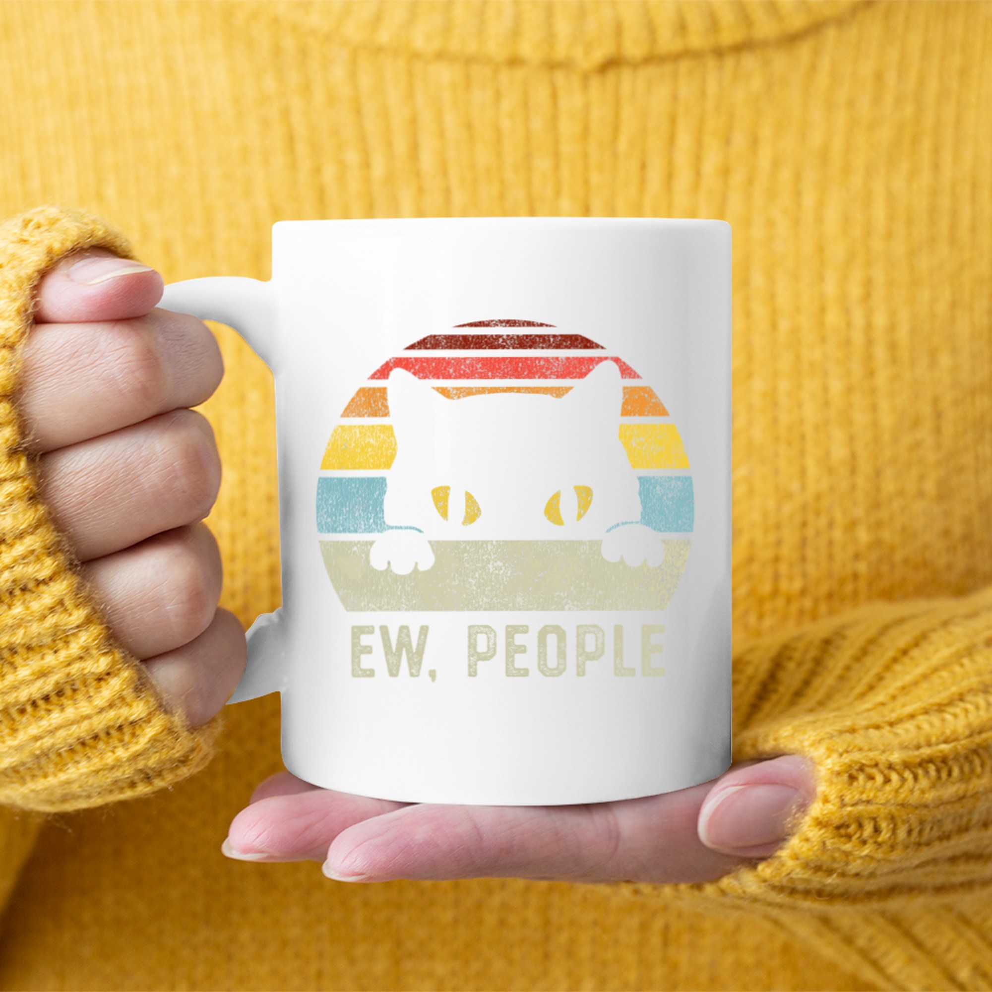 Funny Introvert Vibe Cat Graphic Retro 80s Style Sunset Sarcastic Quote Mug