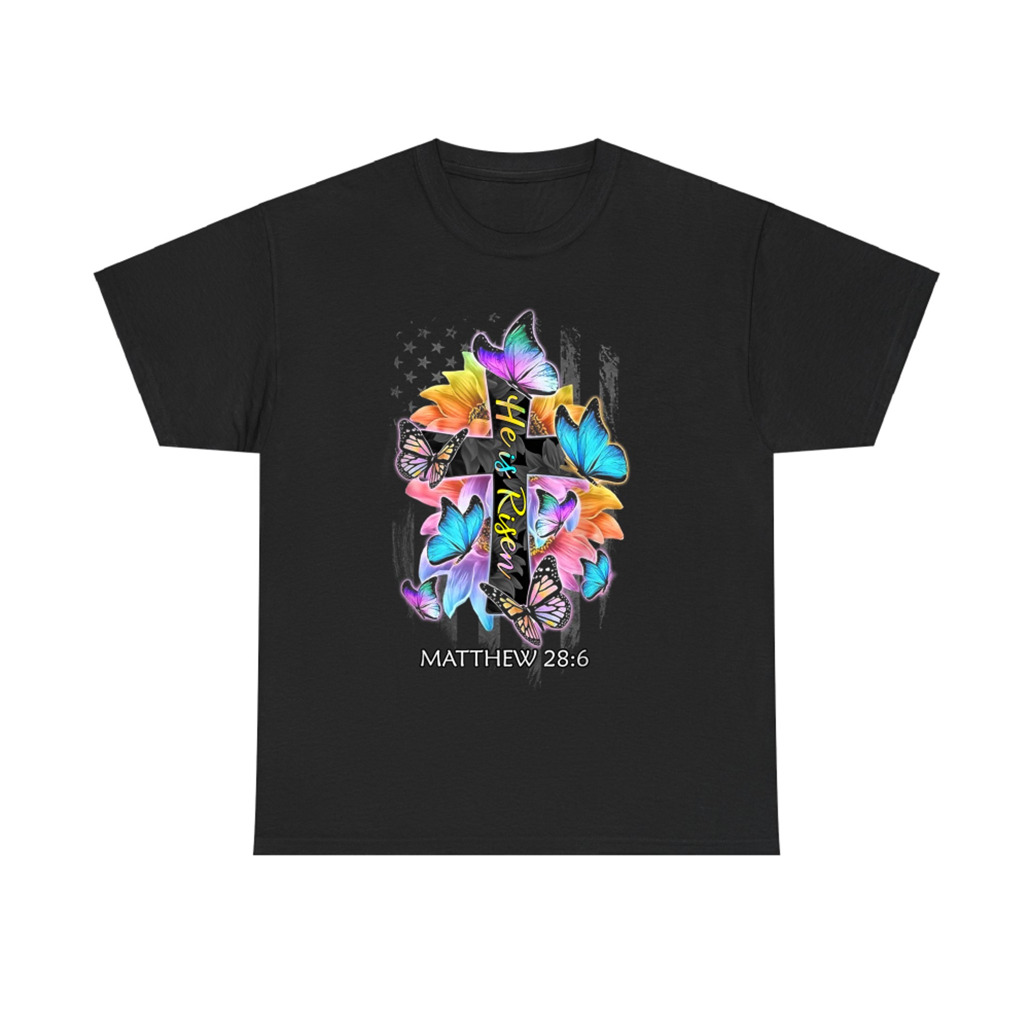 He Is Risen Jesus Christian Cross Butterfly American Flag T-Shirt
