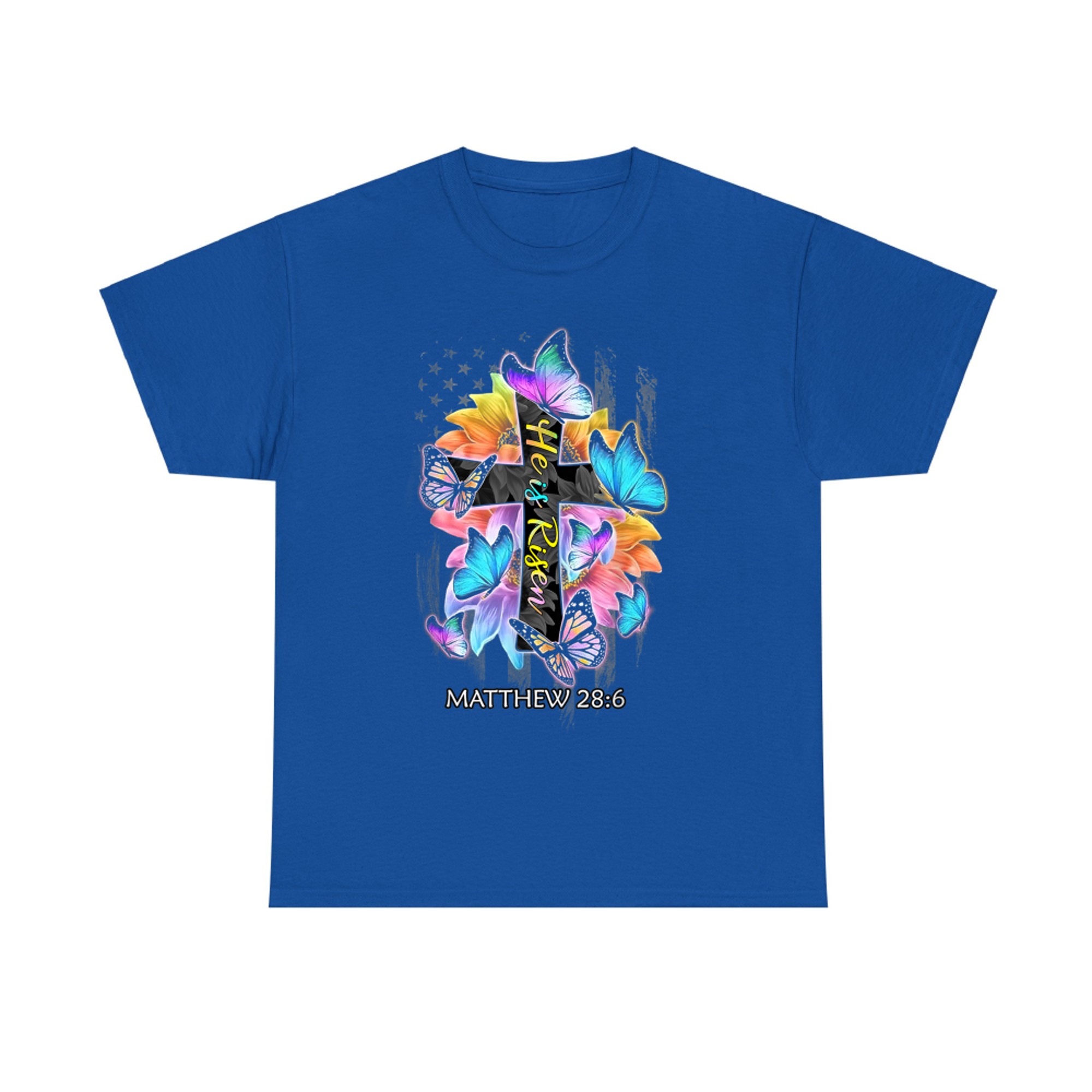 He Is Risen Jesus Christian Cross Butterfly American Flag T-Shirt