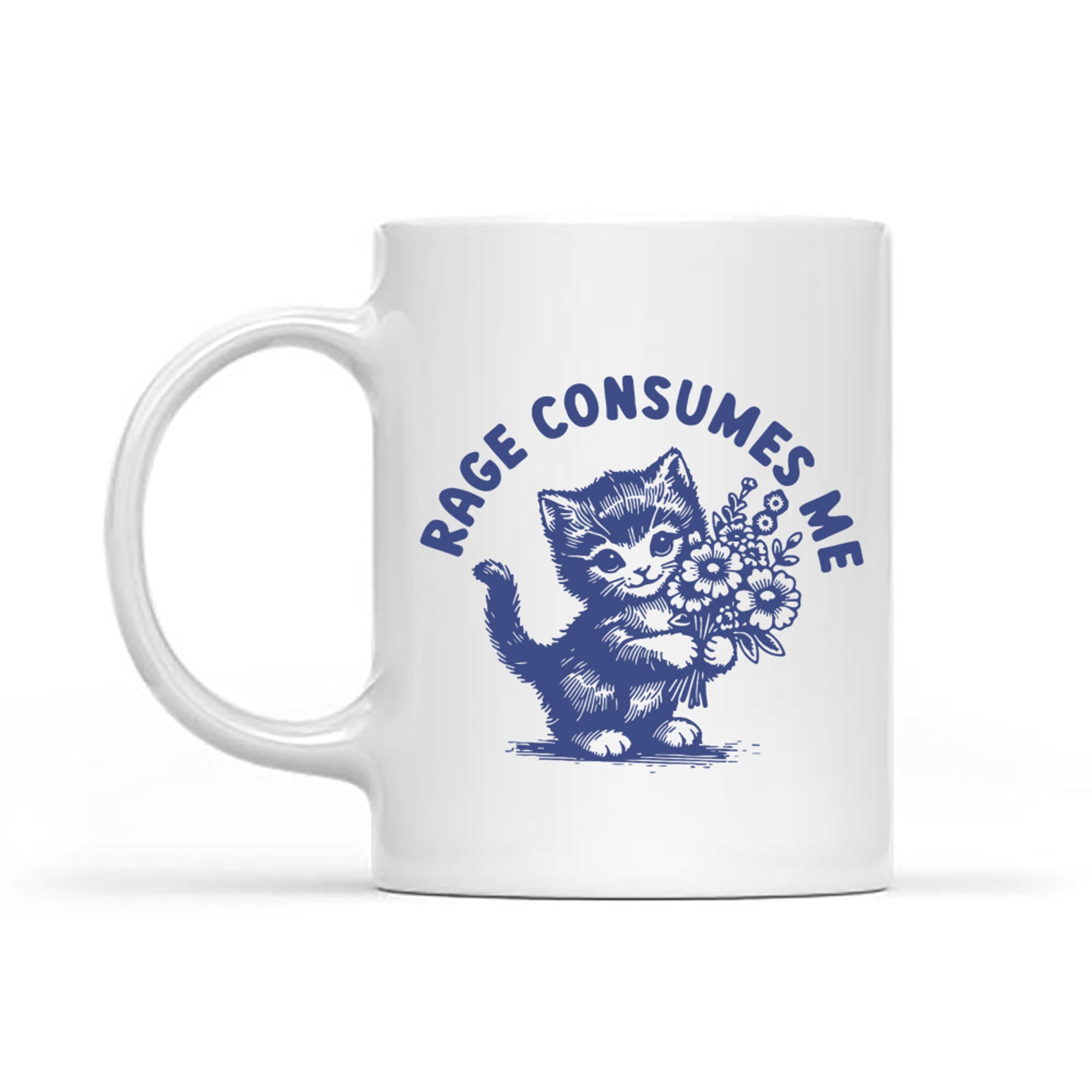 Rage Consumes Me Cute Angry Cat Holding Flowers Funny Cat Mug