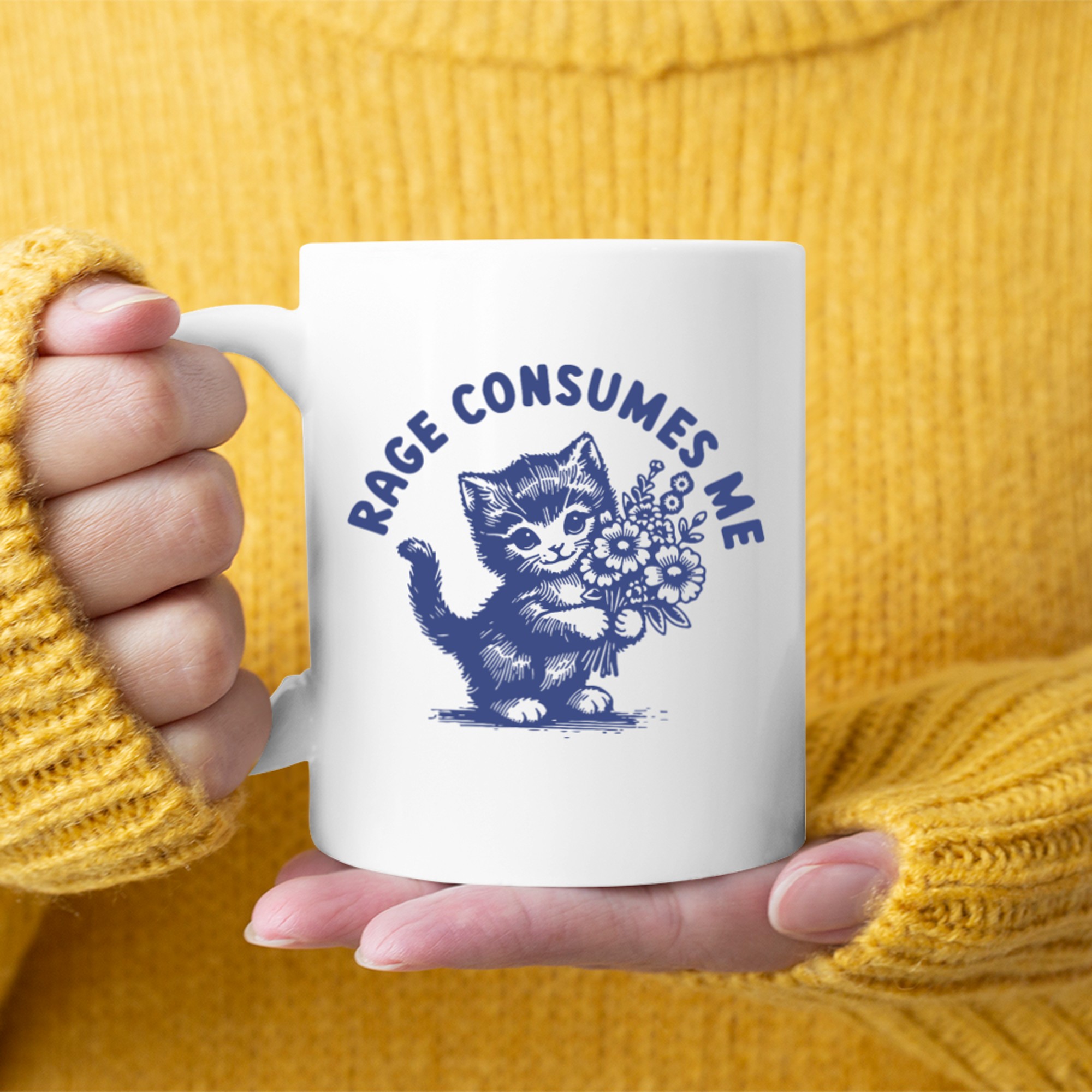 Rage Consumes Me Cute Angry Cat Holding Flowers Funny Cat Mug