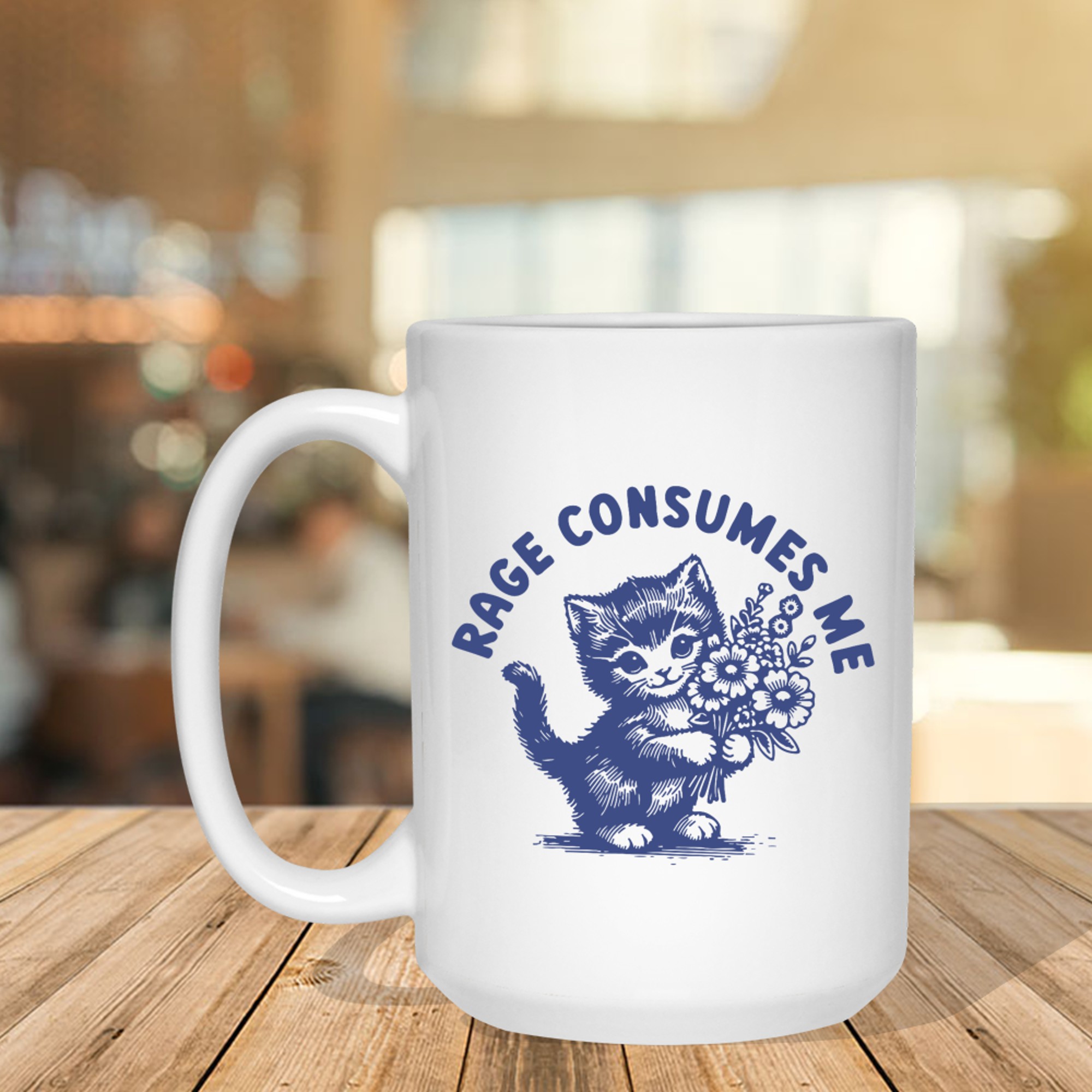 Rage Consumes Me Cute Angry Cat Holding Flowers Funny Cat Mug