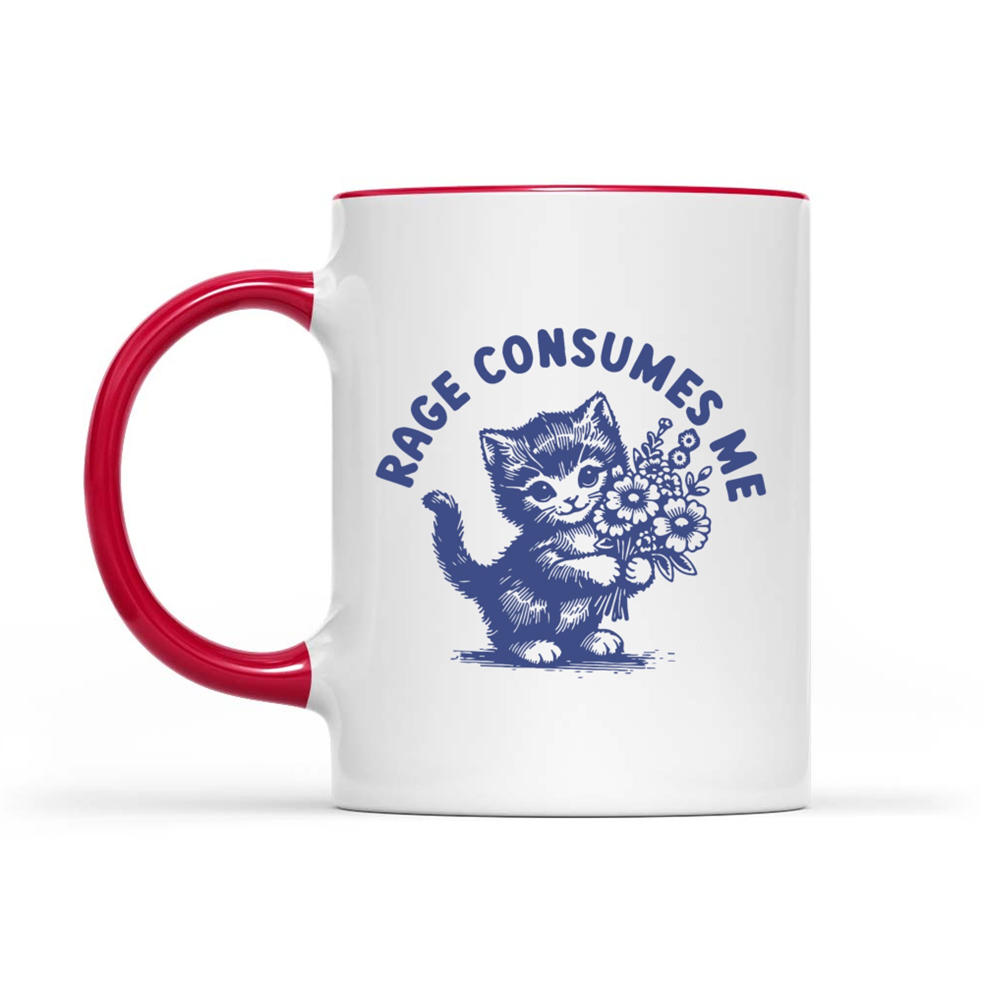 Rage Consumes Me Cute Angry Cat Holding Flowers Funny Cat Mug