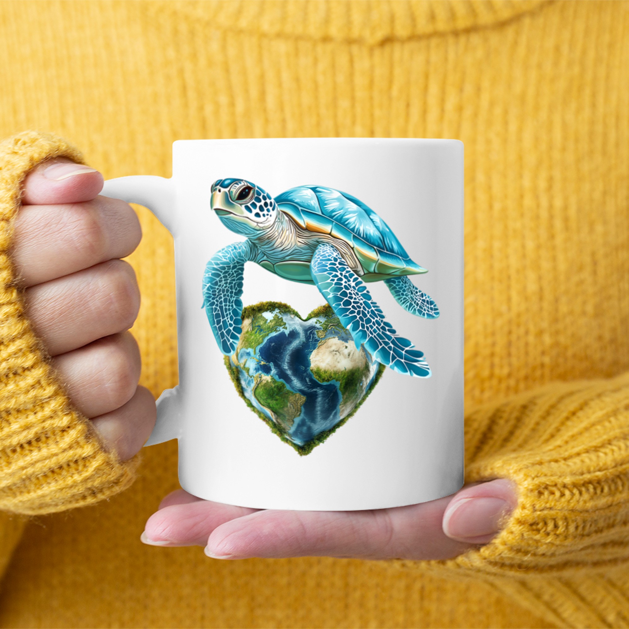 Sea Turtle with Heart-Shaped Earth Globe Love Ocean Nature Art Mug