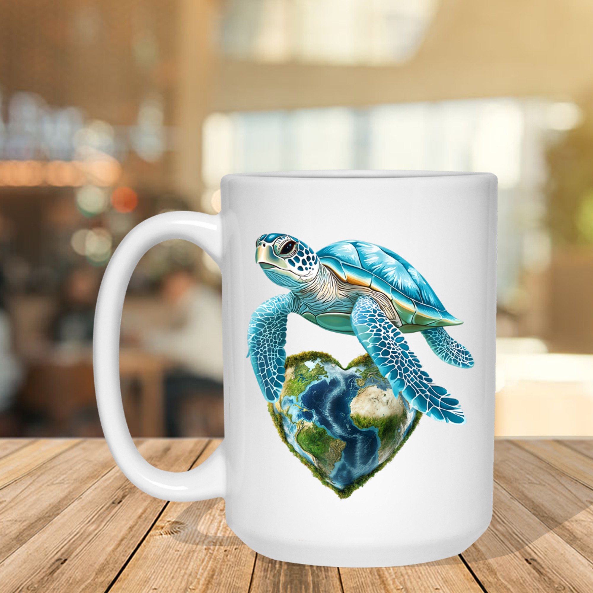 Sea Turtle with Heart-Shaped Earth Globe Love Ocean Nature Art Mug