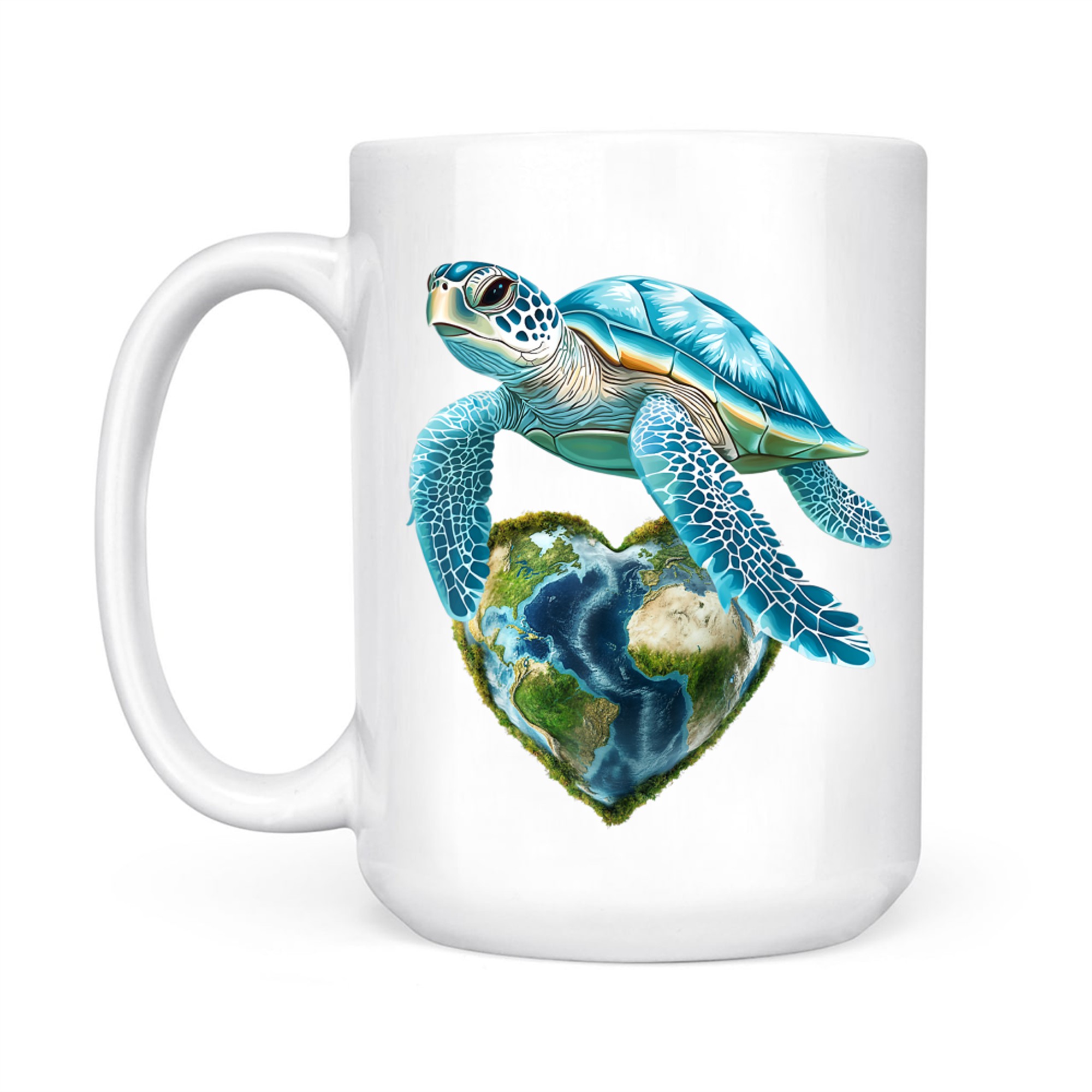 Sea Turtle with Heart-Shaped Earth Globe Love Ocean Nature Art Mug
