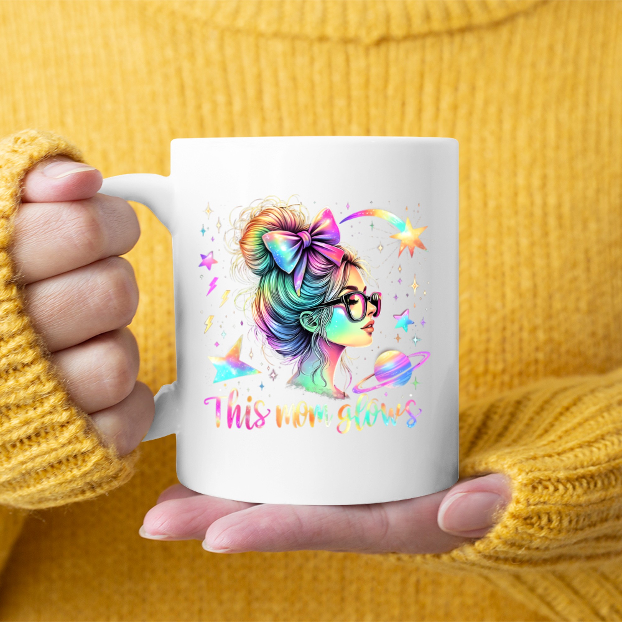 This Mom Glows  Happy Mothers Day Tie Dye Mom 80's Mug