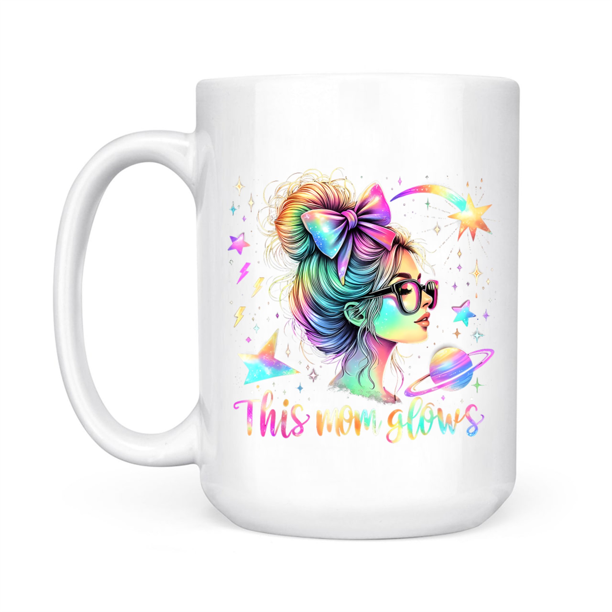 This Mom Glows  Happy Mothers Day Tie Dye Mom 80's Mug