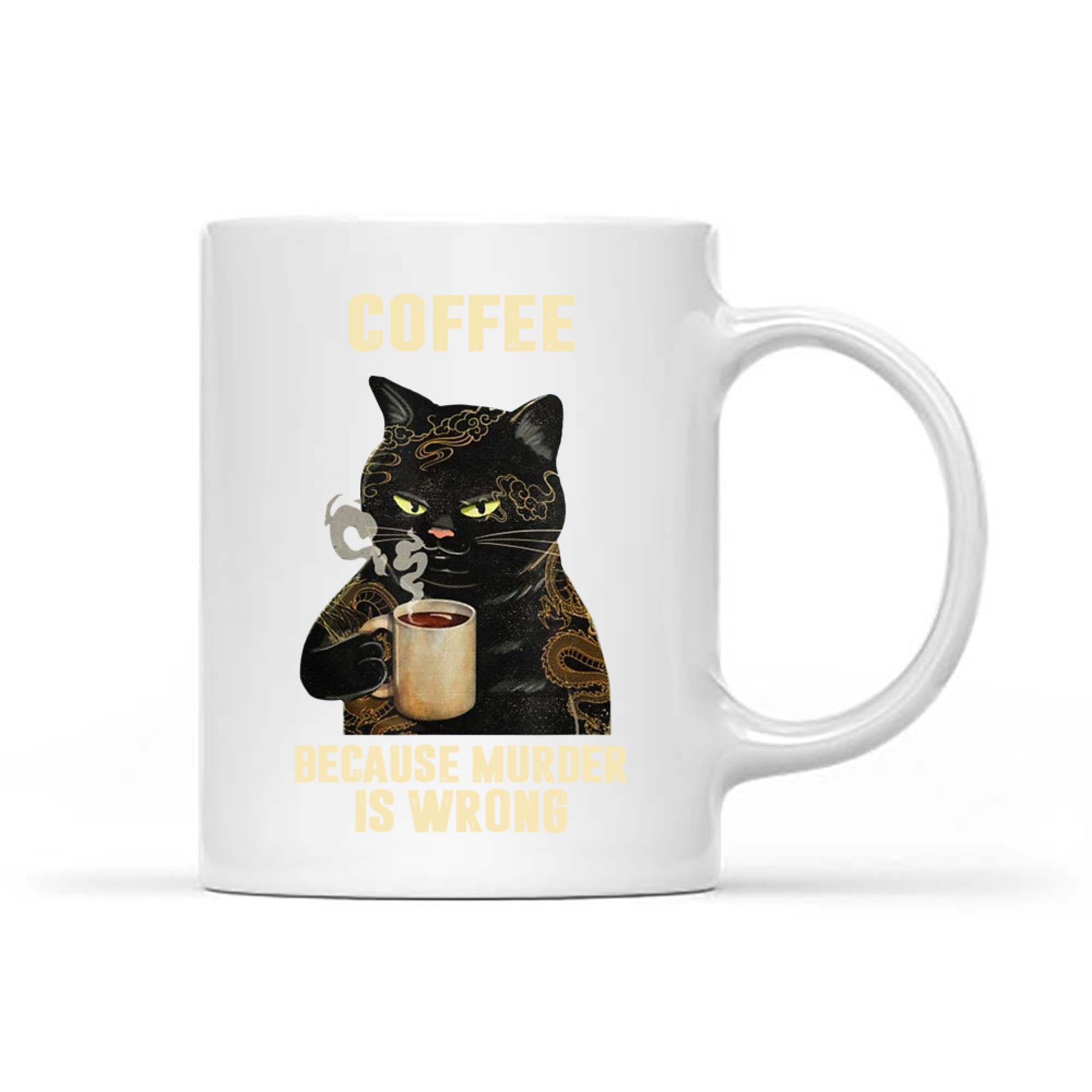 Black Cat Drinking Coffee Because Murder Is Wrong Vintage Mug