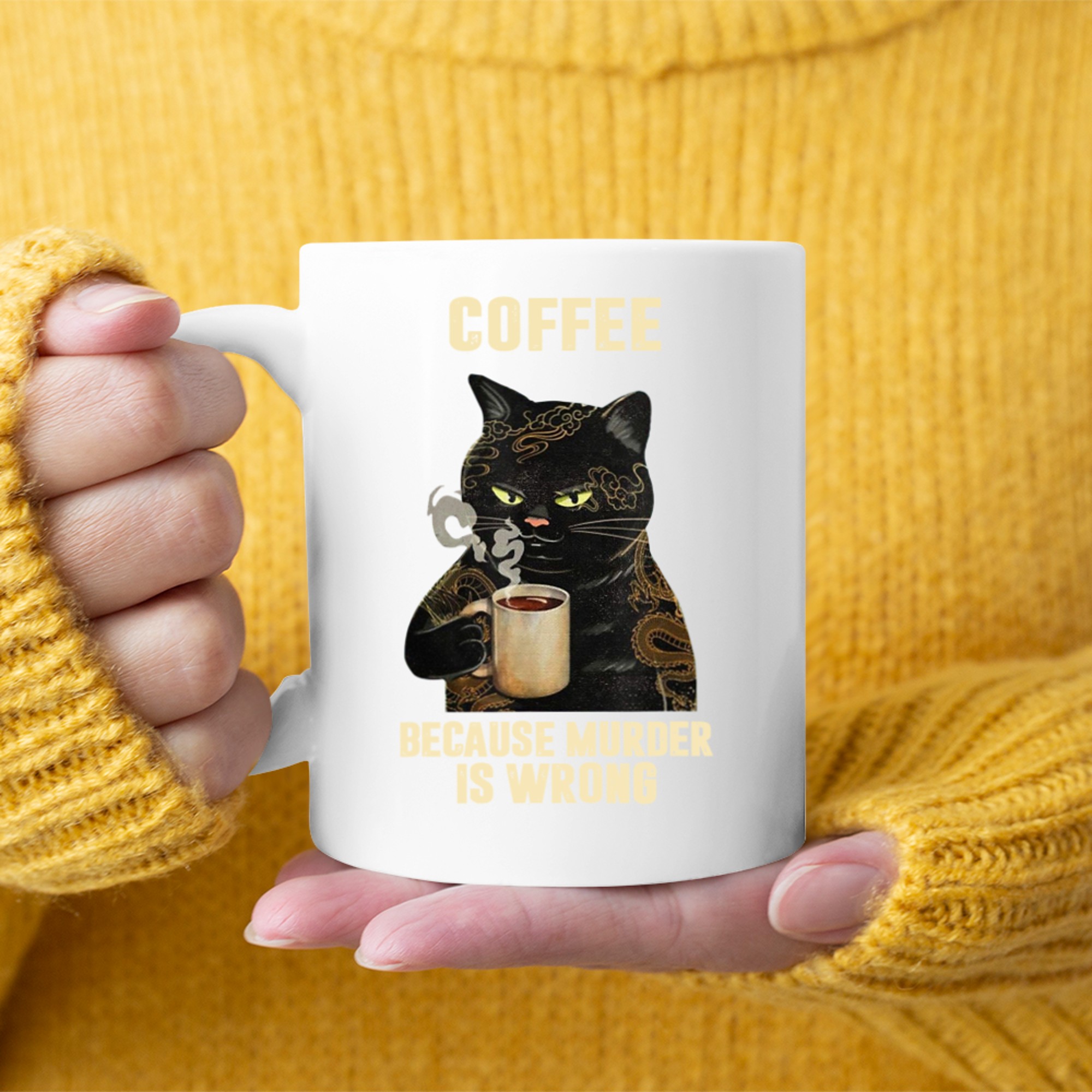 Black Cat Drinking Coffee Because Murder Is Wrong Vintage Mug