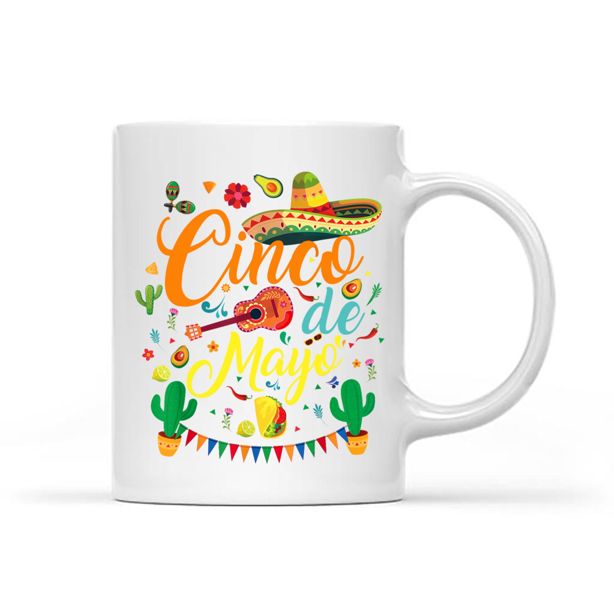Cinco de Mayo Fiesta Design Colorful Mexican Party Elements Sombrero Guitar Tacos Cactus Mug