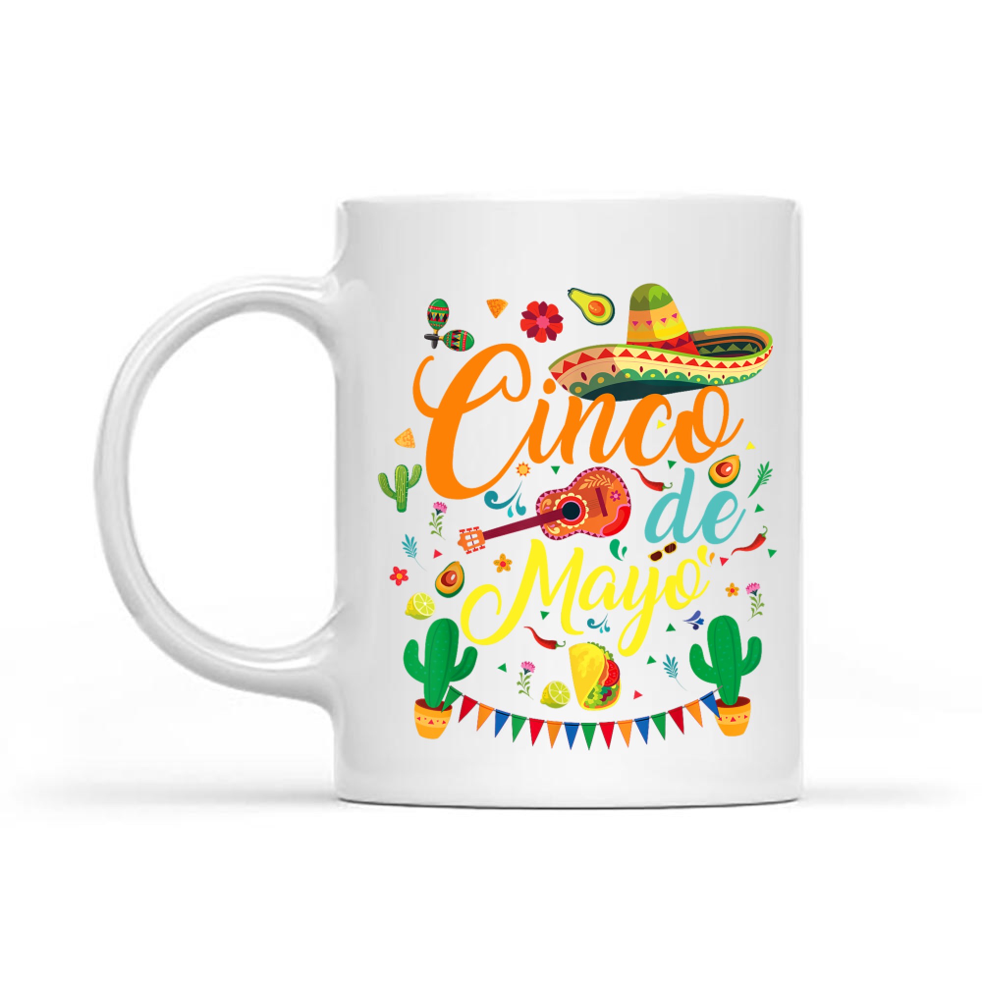Cinco de Mayo Fiesta Design Colorful Mexican Party Elements Sombrero Guitar Tacos Cactus Mug