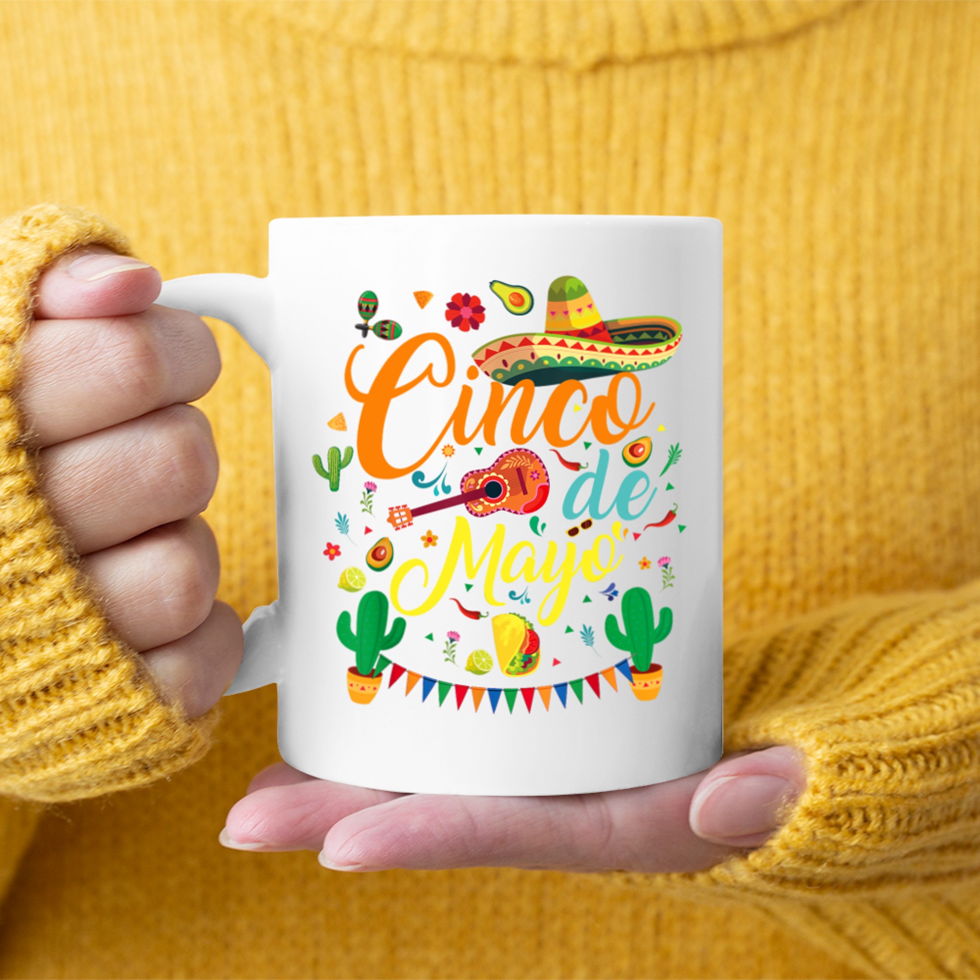 Cinco de Mayo Fiesta Design Colorful Mexican Party Elements Sombrero Guitar Tacos Cactus Mug