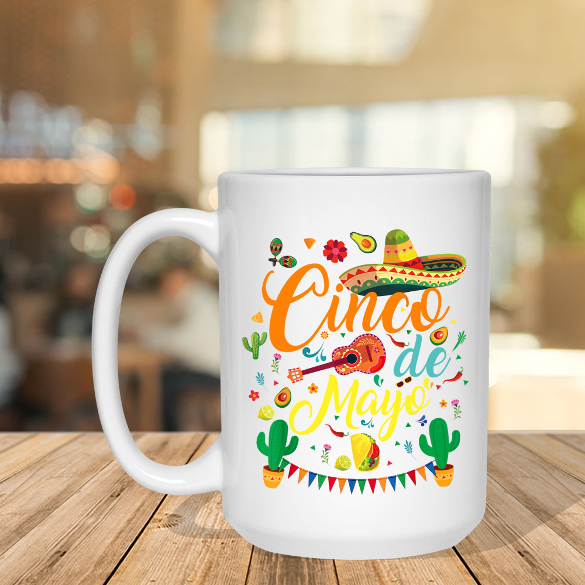 Cinco de Mayo Fiesta Design Colorful Mexican Party Elements Sombrero Guitar Tacos Cactus Mug