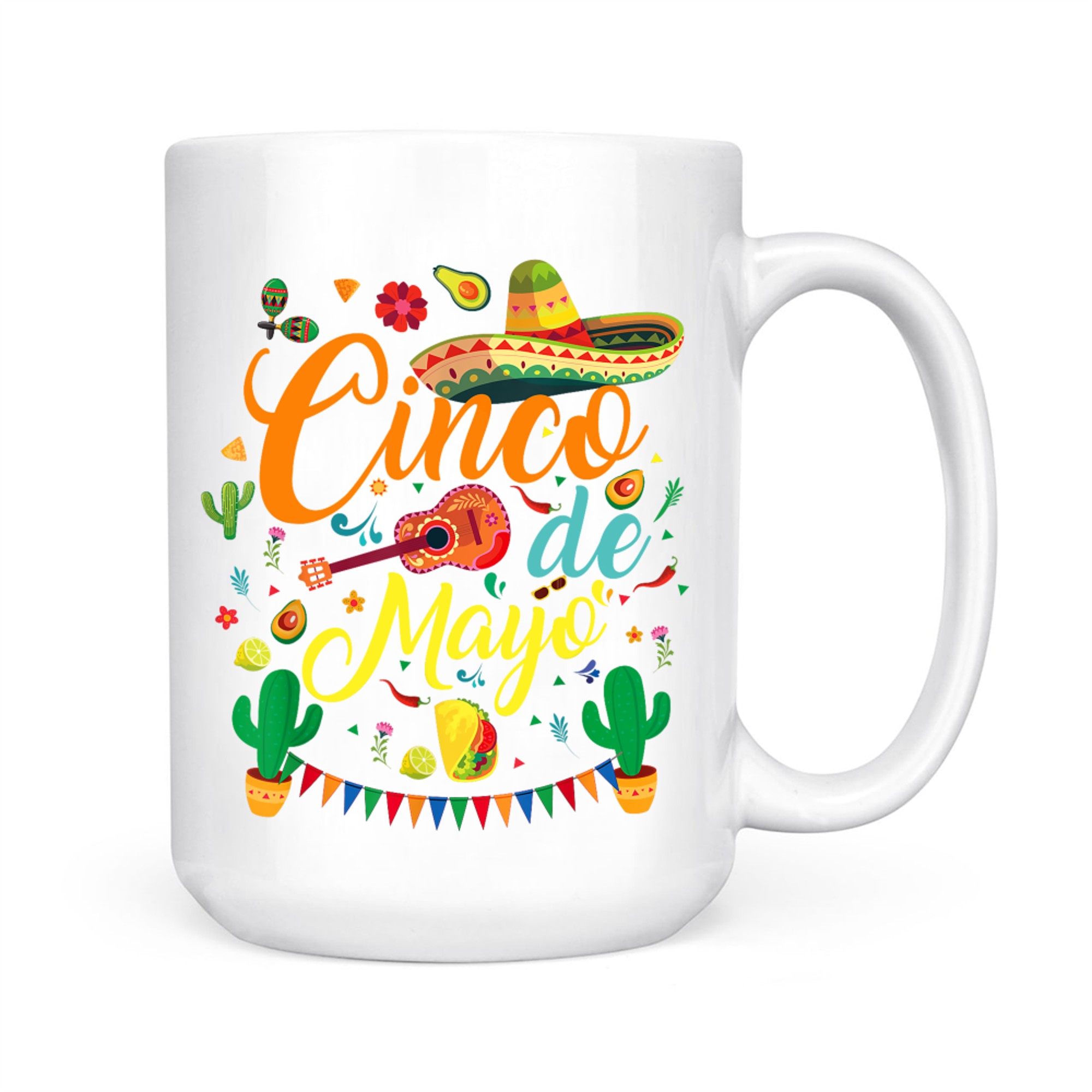 Cinco de Mayo Fiesta Design Colorful Mexican Party Elements Sombrero Guitar Tacos Cactus Mug