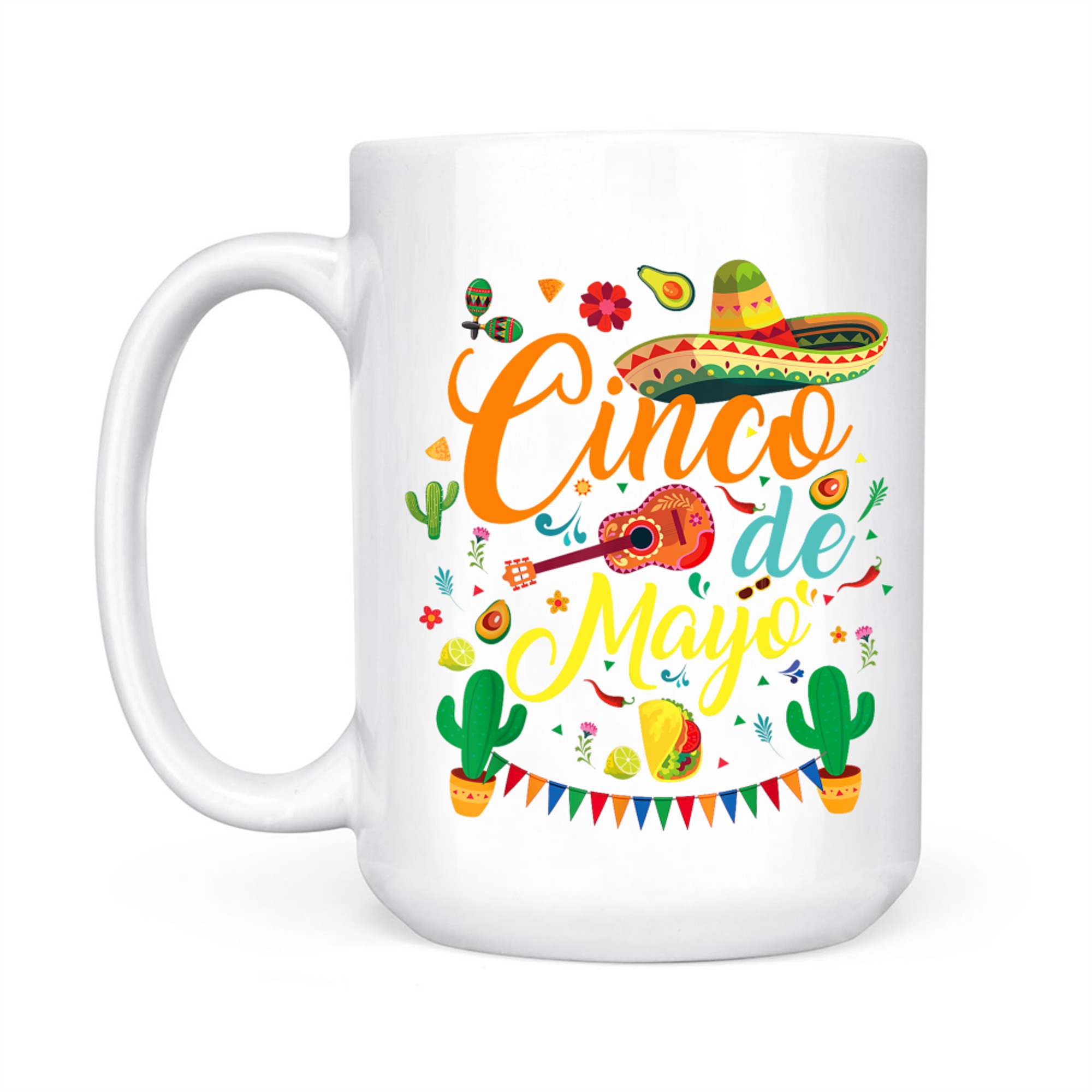Cinco de Mayo Fiesta Design Colorful Mexican Party Elements Sombrero Guitar Tacos Cactus Mug