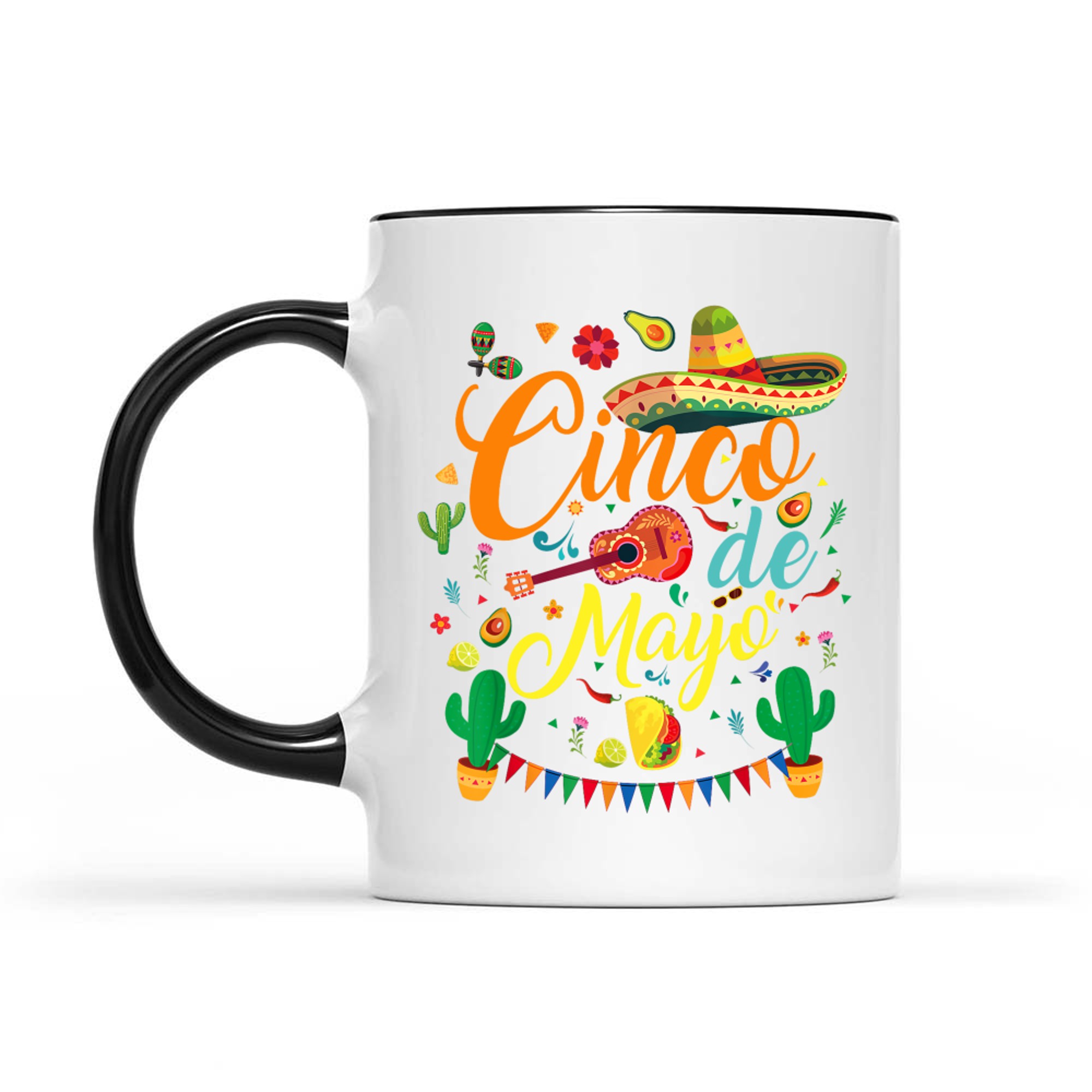 Cinco de Mayo Fiesta Design Colorful Mexican Party Elements Sombrero Guitar Tacos Cactus Mug