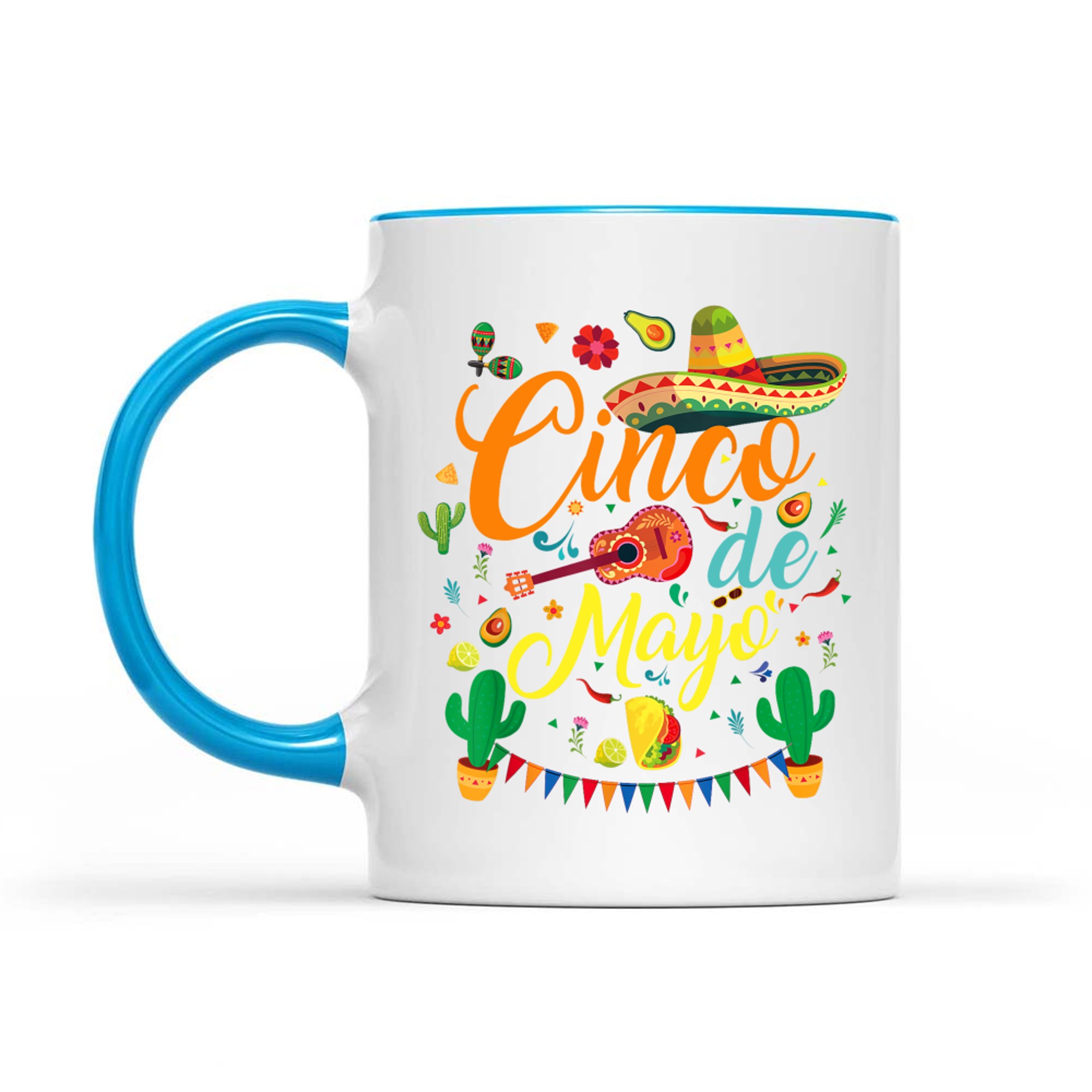 Cinco de Mayo Fiesta Design Colorful Mexican Party Elements Sombrero Guitar Tacos Cactus Mug