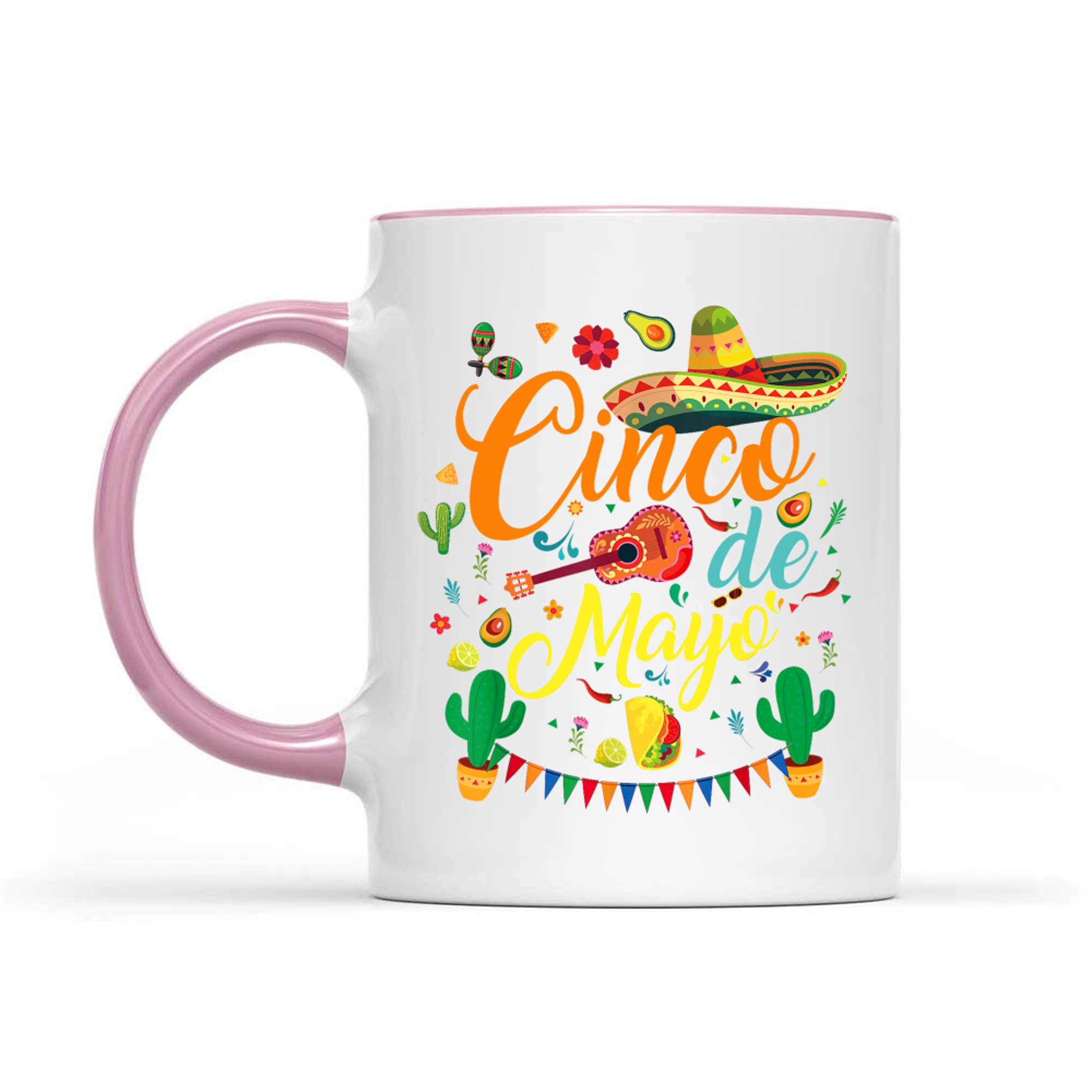 Cinco de Mayo Fiesta Design Colorful Mexican Party Elements Sombrero Guitar Tacos Cactus Mug