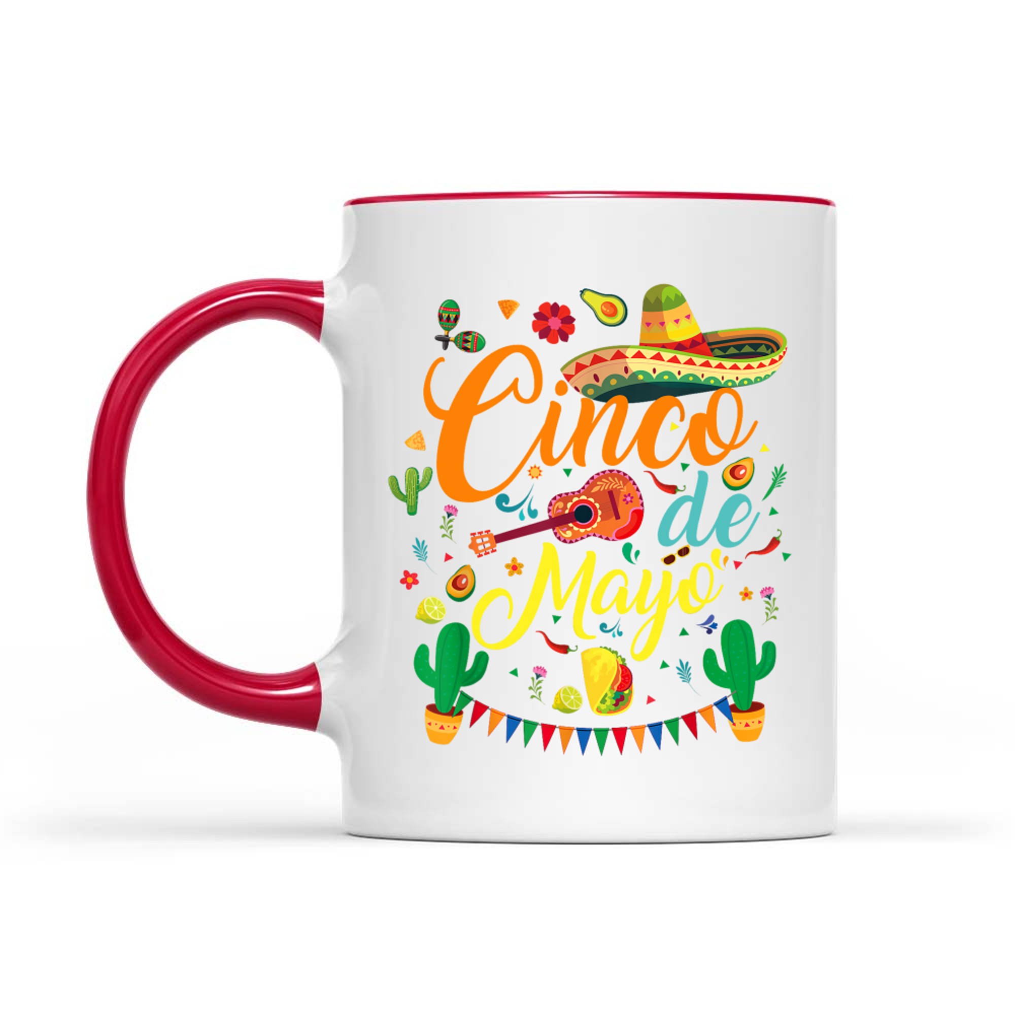 Cinco de Mayo Fiesta Design Colorful Mexican Party Elements Sombrero Guitar Tacos Cactus Mug