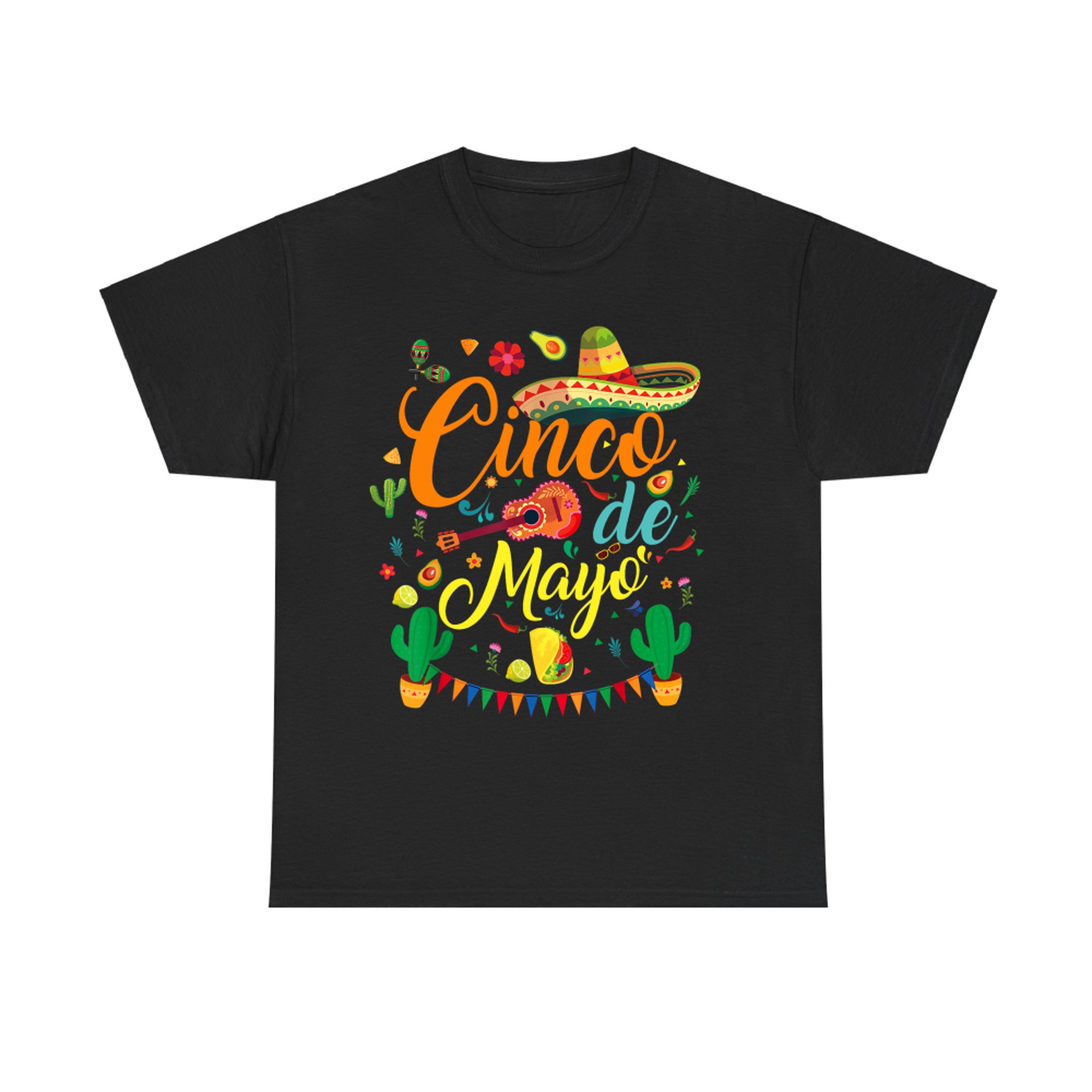 Cinco de Mayo Fiesta Design Colorful Mexican Party Elements Sombrero Guitar Tacos Cactus T-Shirt