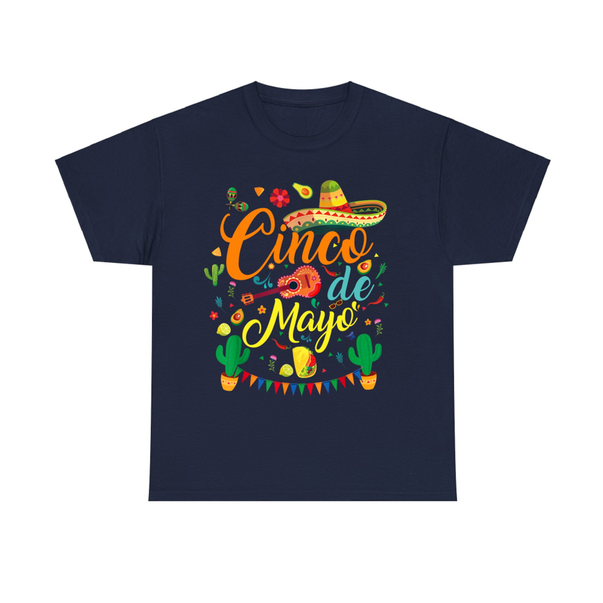 Cinco de Mayo Fiesta Design Colorful Mexican Party Elements Sombrero Guitar Tacos Cactus T-Shirt