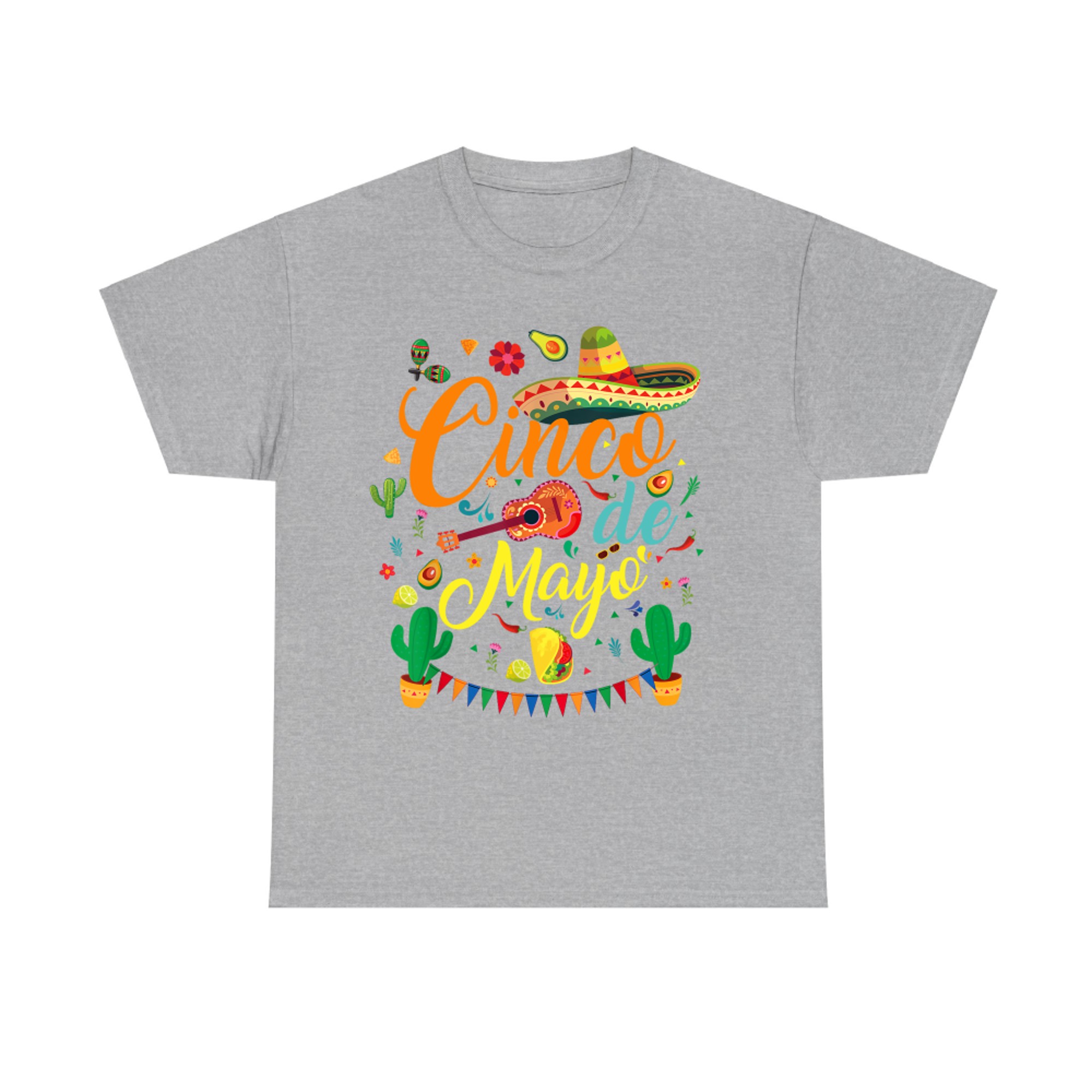 Cinco de Mayo Fiesta Design Colorful Mexican Party Elements Sombrero Guitar Tacos Cactus T-Shirt