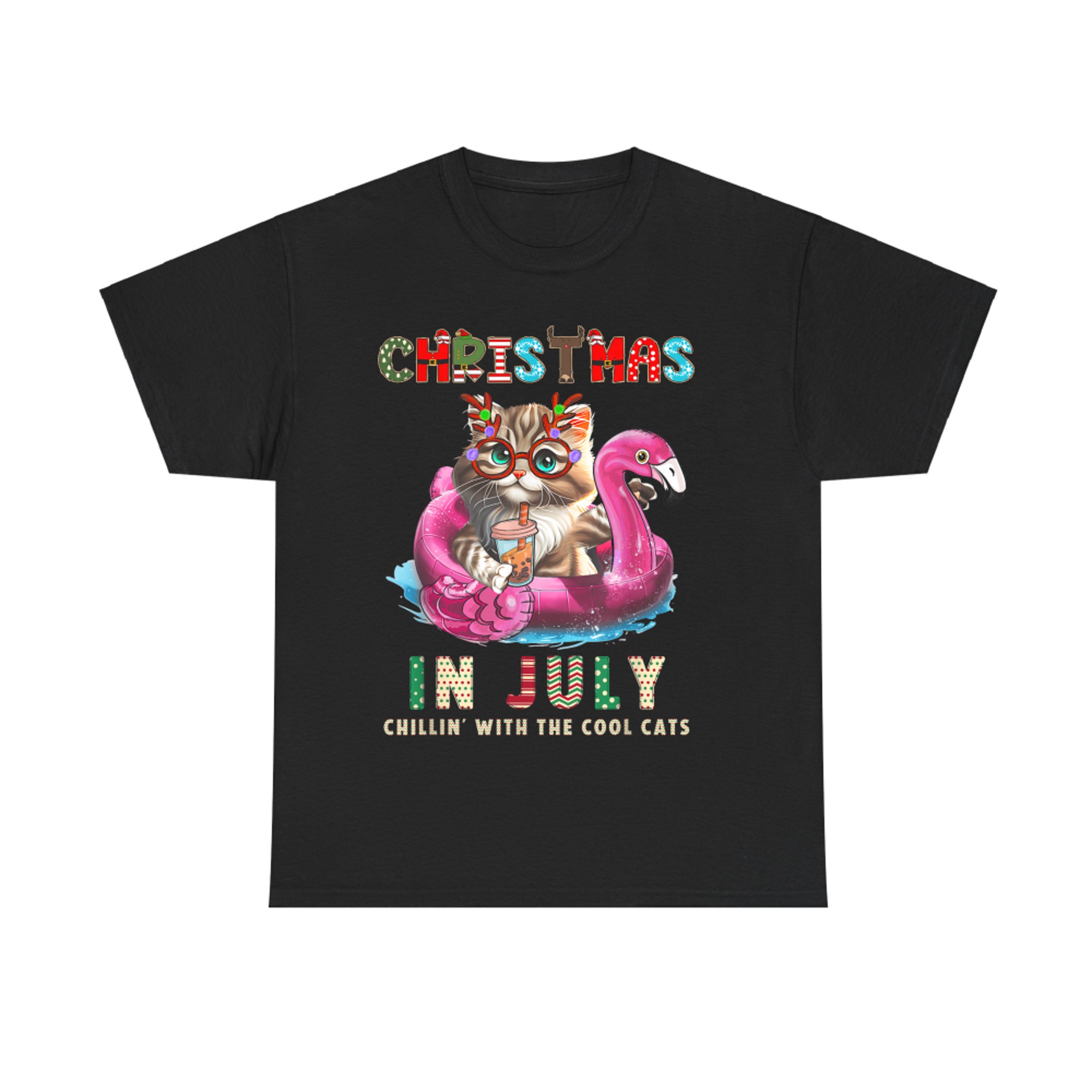 Christmas In July Chillin Cats Flamingo Float Meowy Xmas T-Shirt