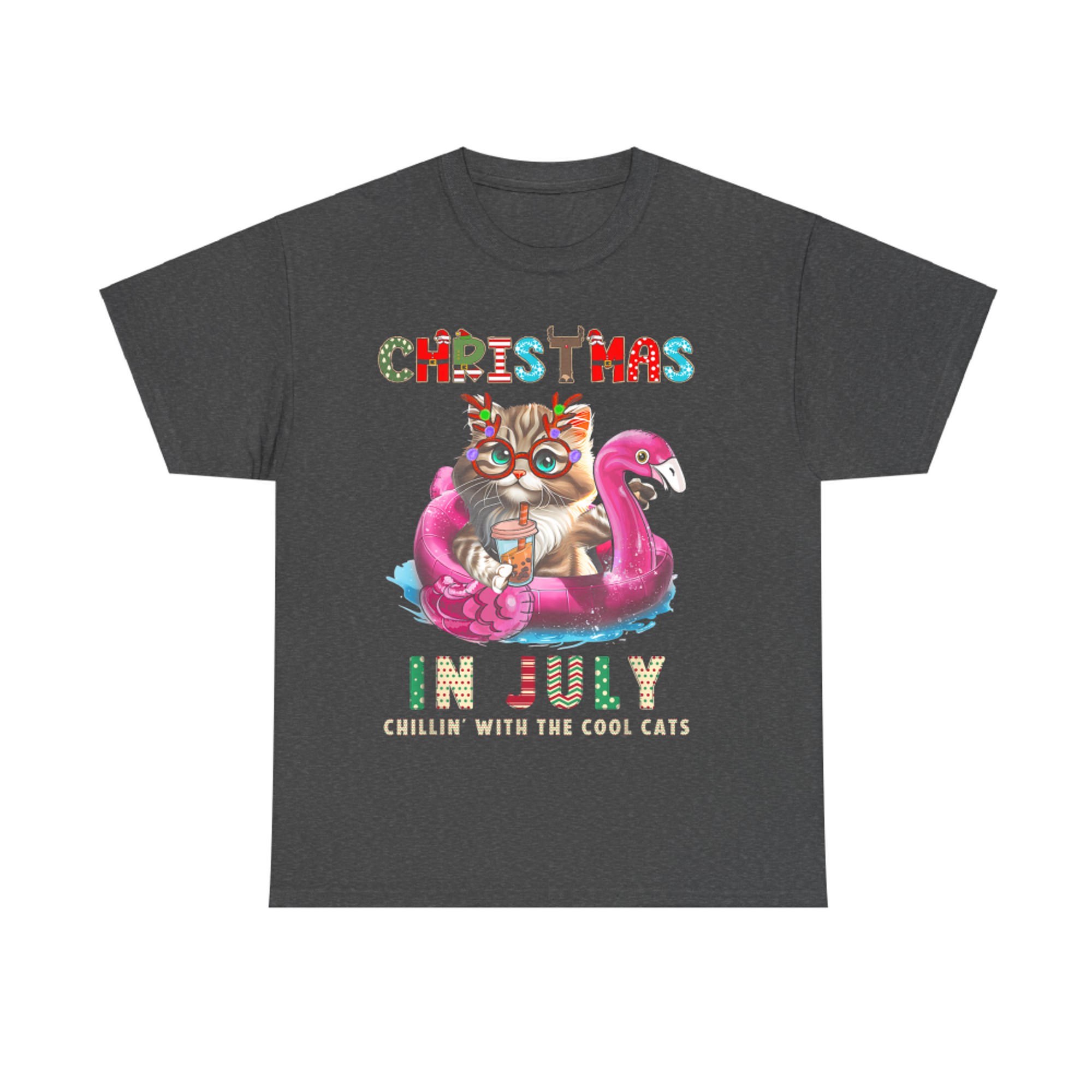 Christmas In July Chillin Cats Flamingo Float Meowy Xmas T-Shirt