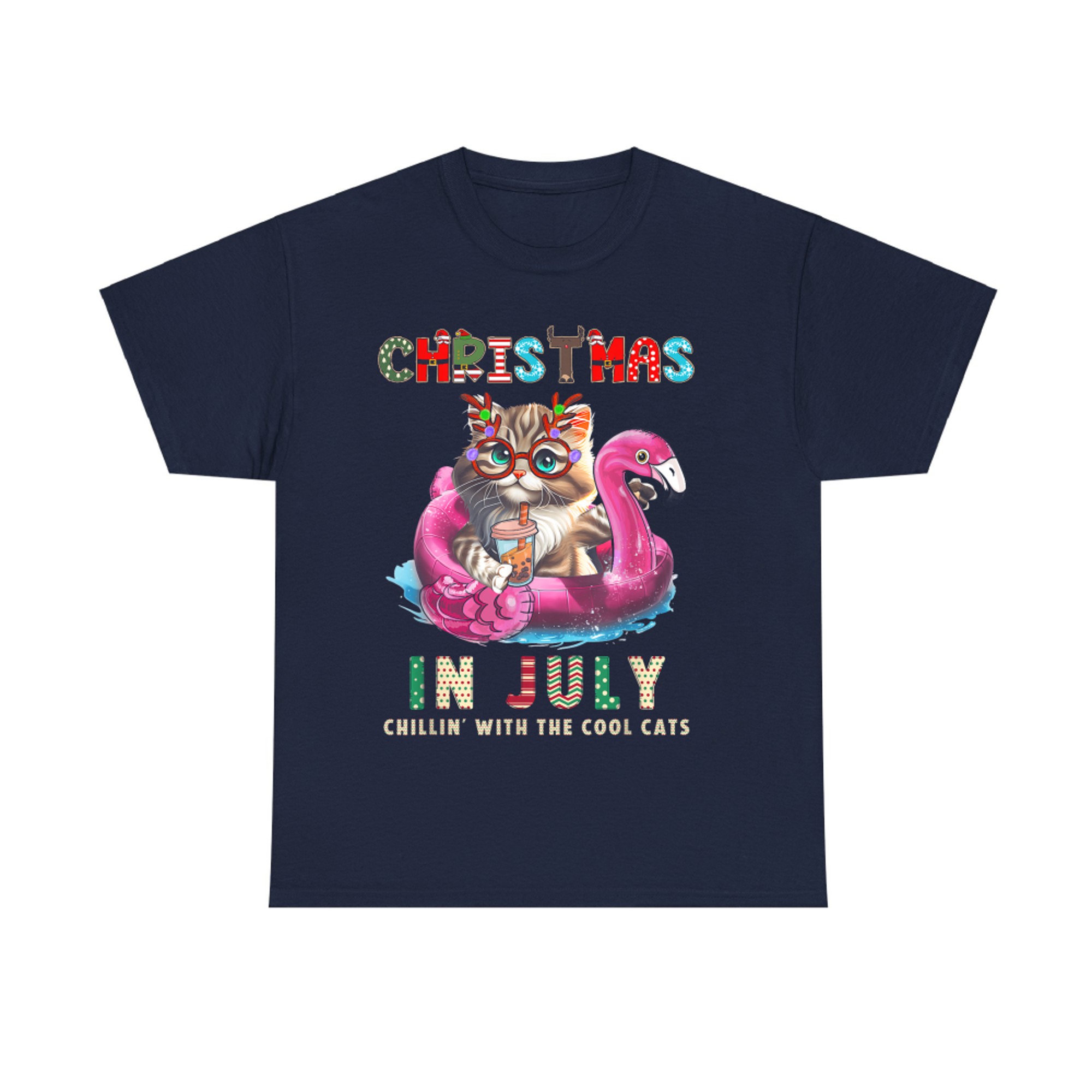 Christmas In July Chillin Cats Flamingo Float Meowy Xmas T-Shirt