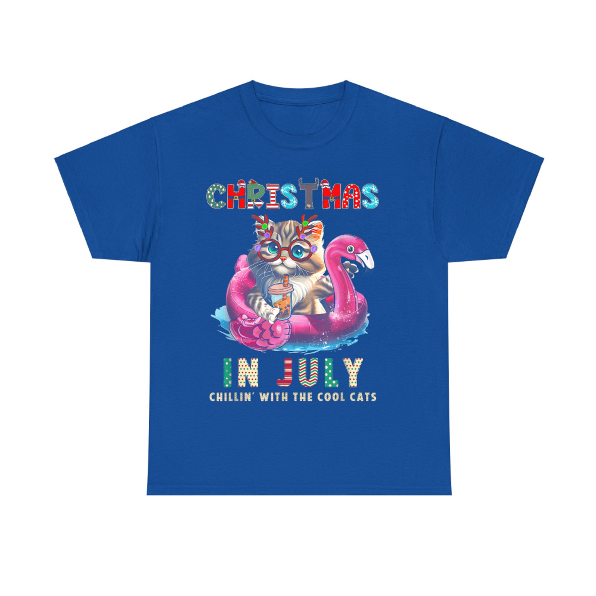 Christmas In July Chillin Cats Flamingo Float Meowy Xmas T-Shirt