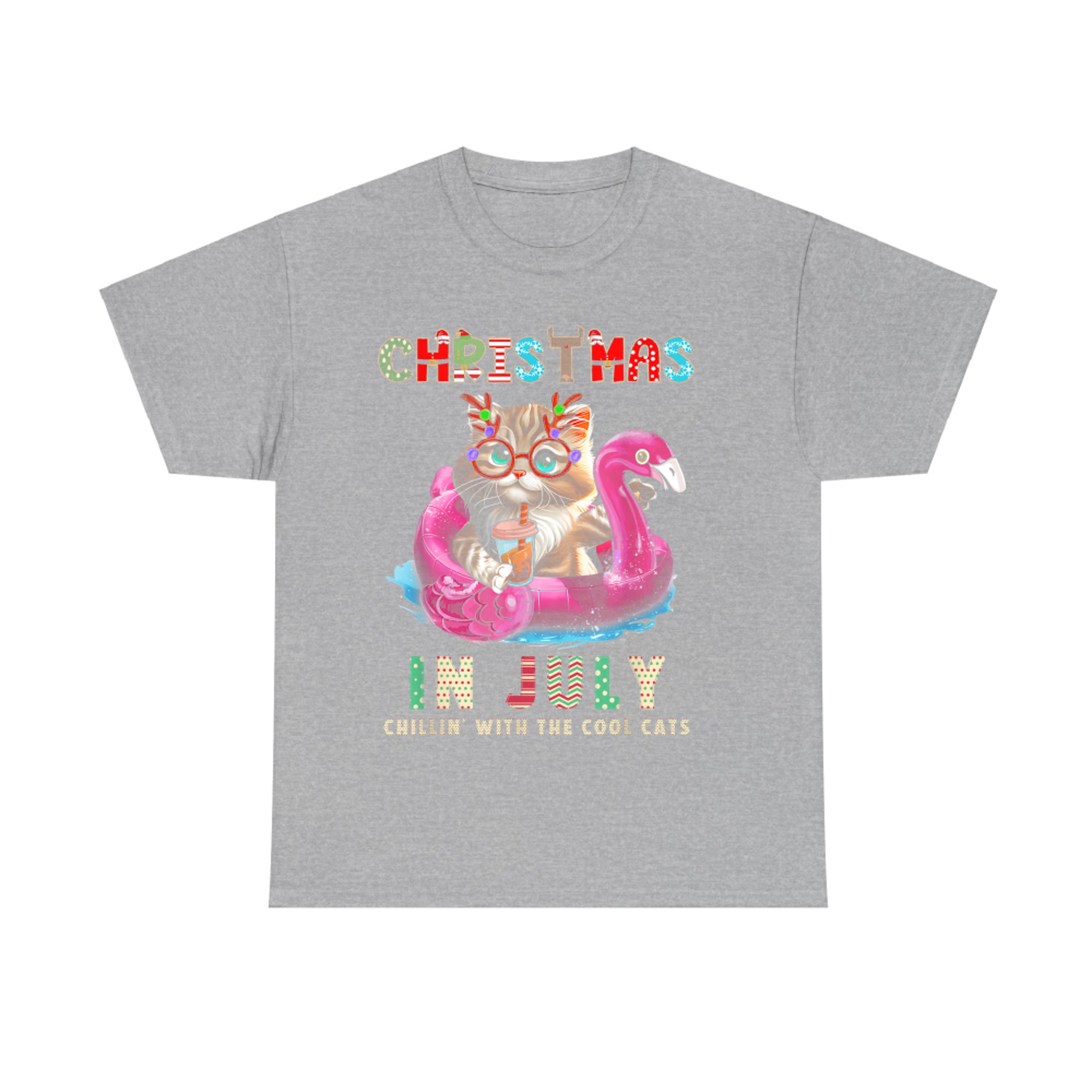 Christmas In July Chillin Cats Flamingo Float Meowy Xmas T-Shirt