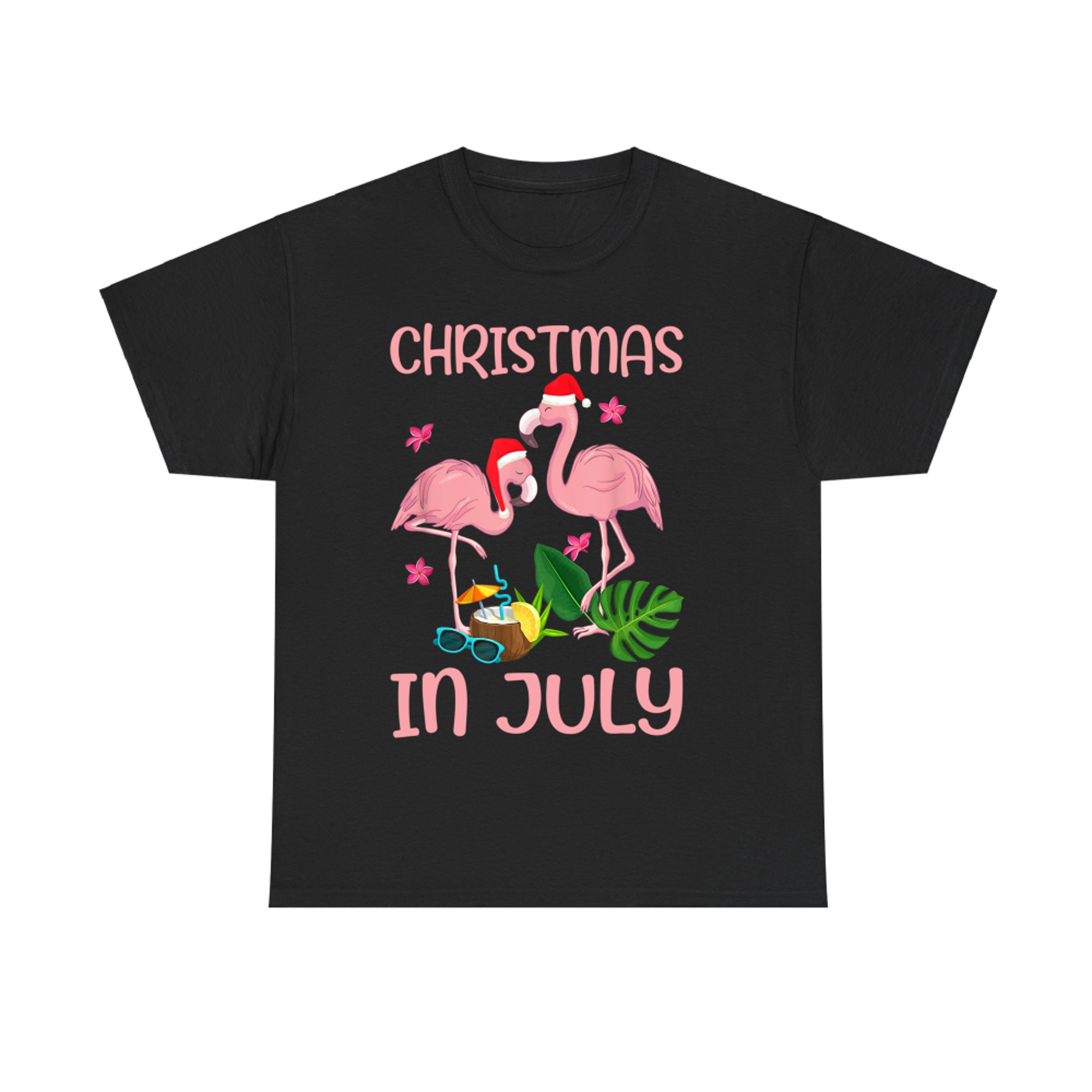 Christmas In July Pink Flamingo Wearing Santa Hat T-Shirt