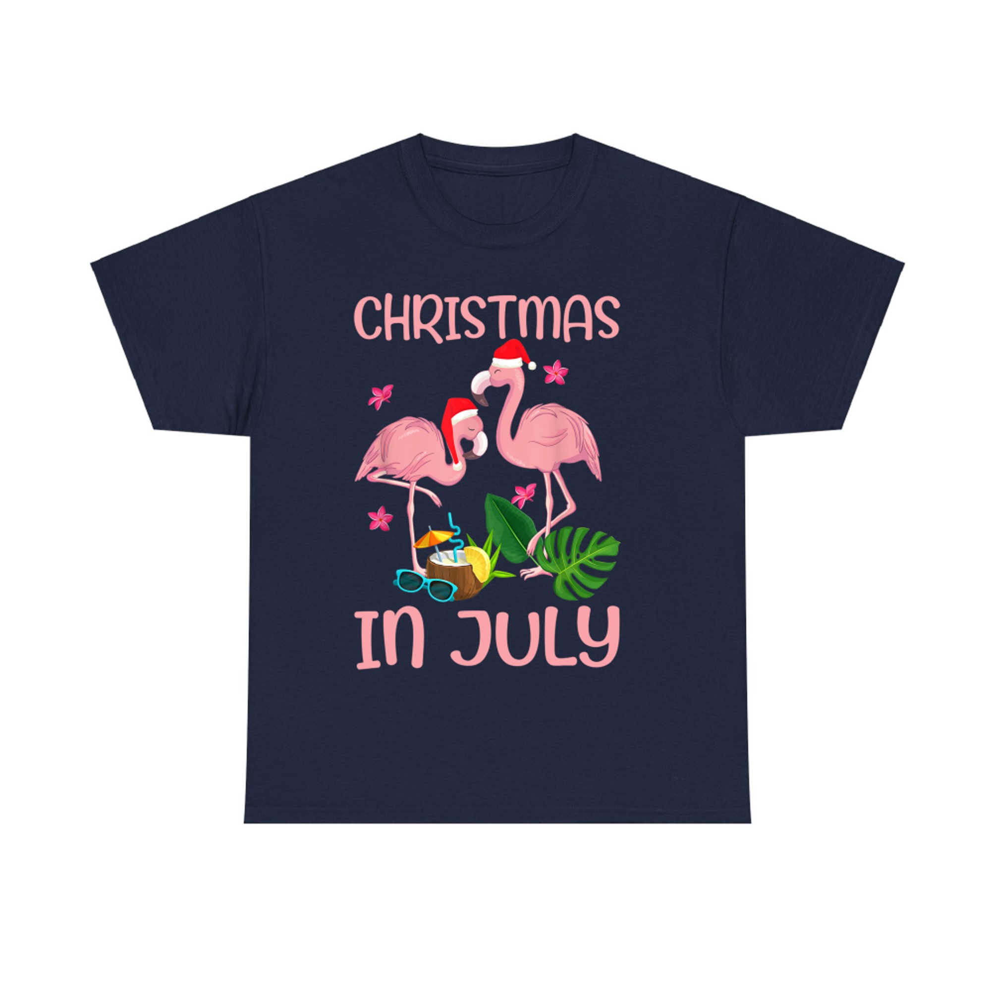 Christmas In July Pink Flamingo Wearing Santa Hat T-Shirt