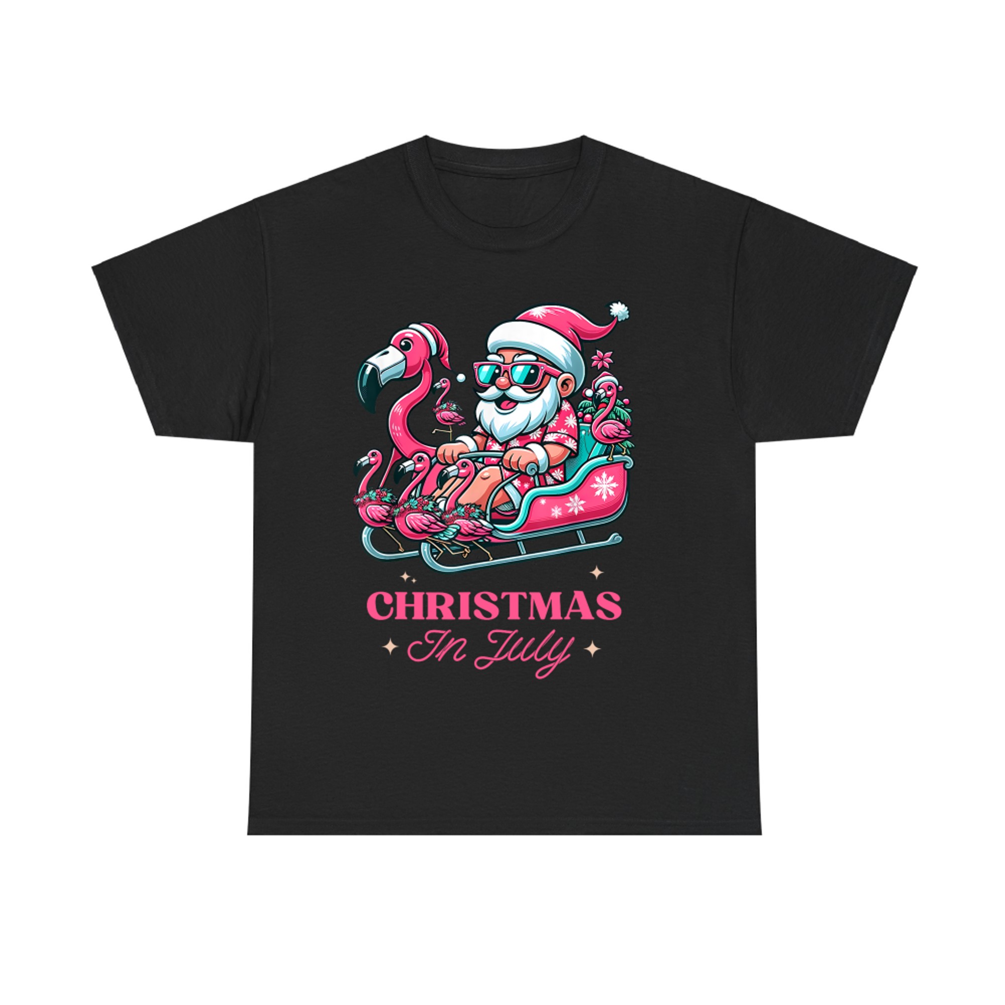 Funny Christmas in July Summer Santa Flamingo Sleigh Xmas T-Shirt