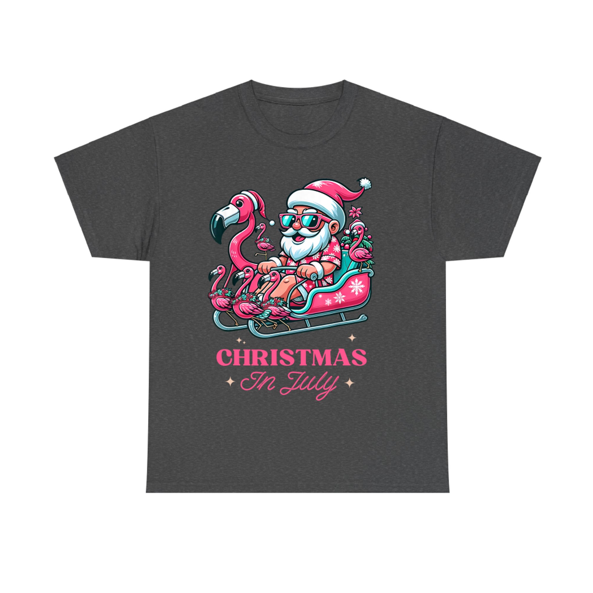 Funny Christmas in July Summer Santa Flamingo Sleigh Xmas T-Shirt