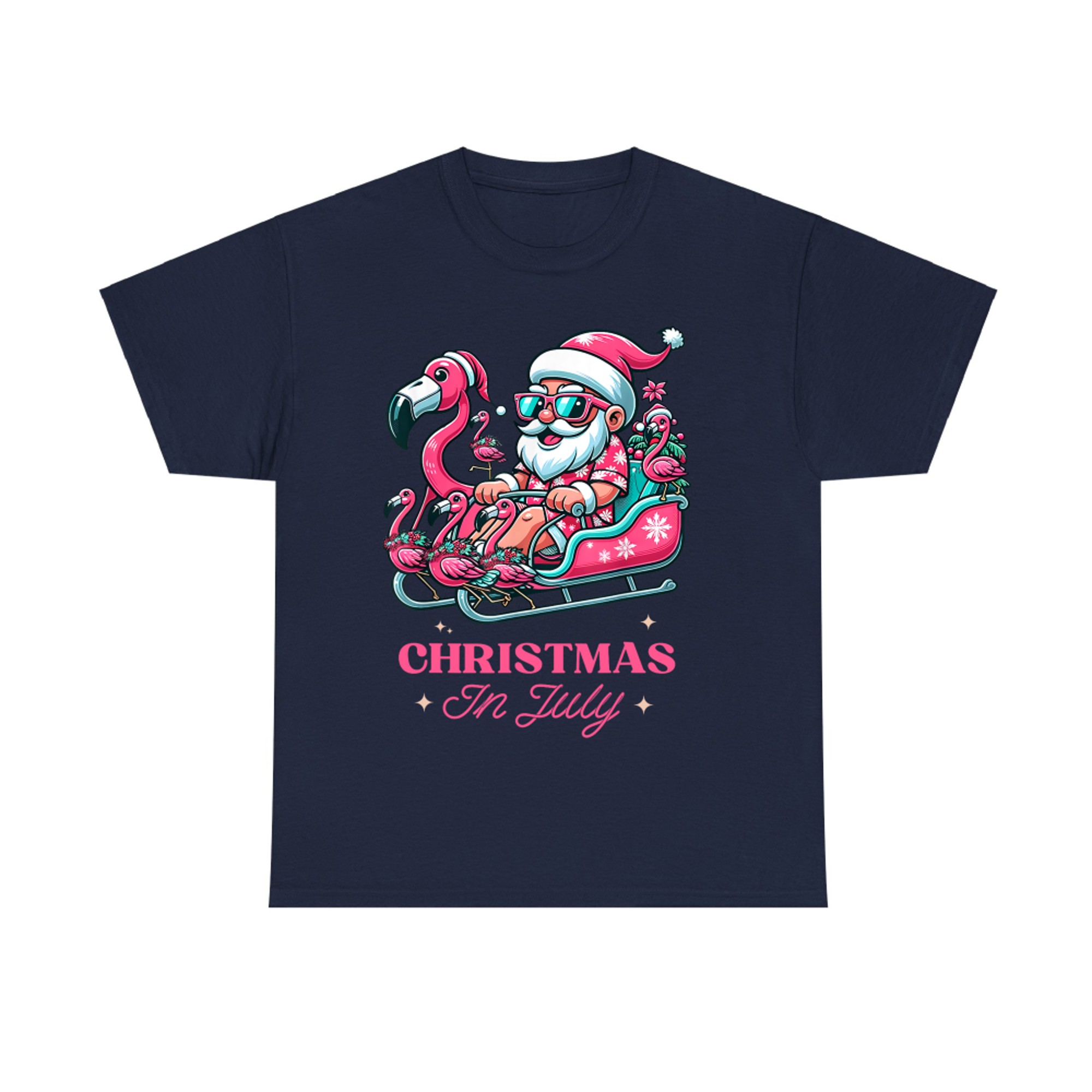 Funny Christmas in July Summer Santa Flamingo Sleigh Xmas T-Shirt