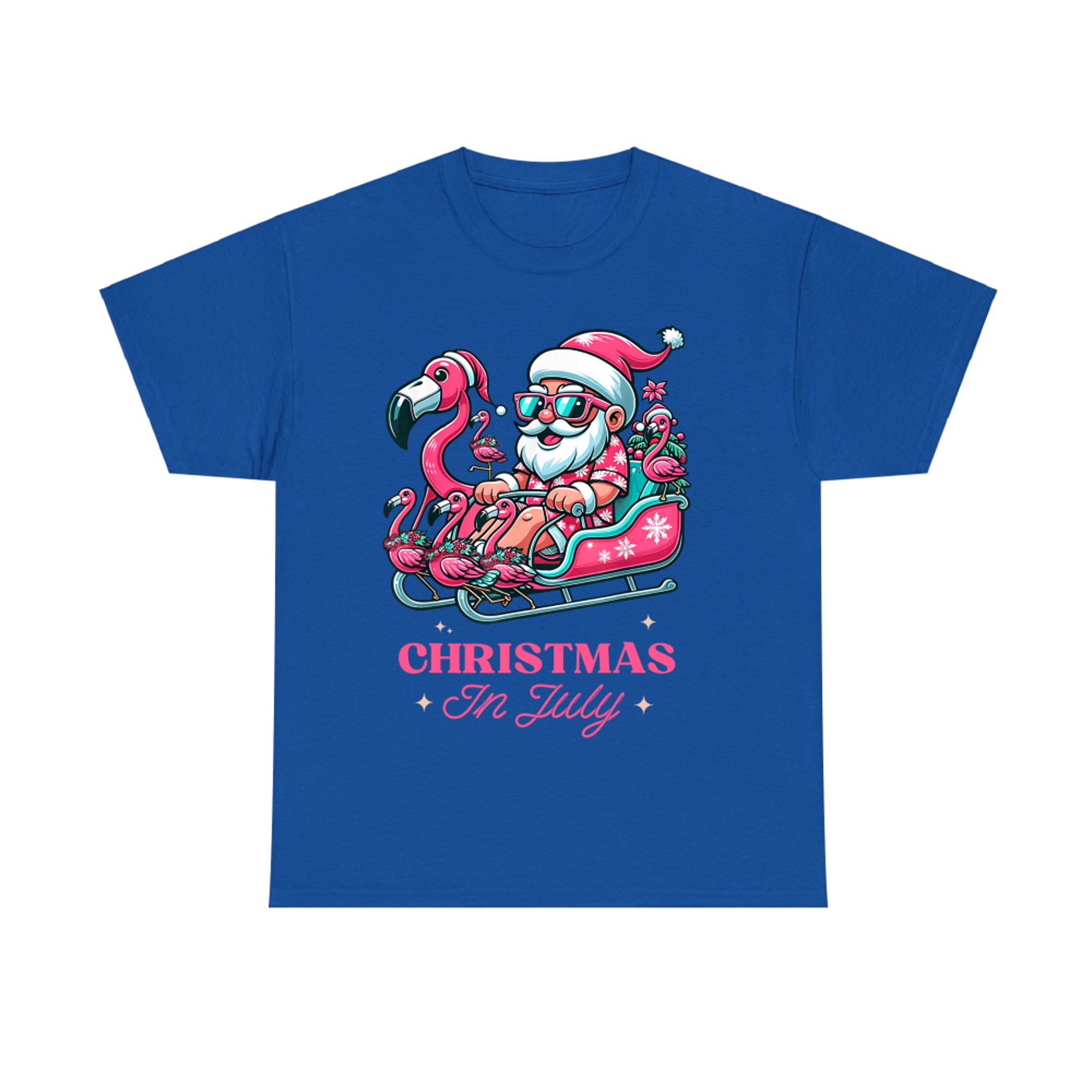 Funny Christmas in July Summer Santa Flamingo Sleigh Xmas T-Shirt