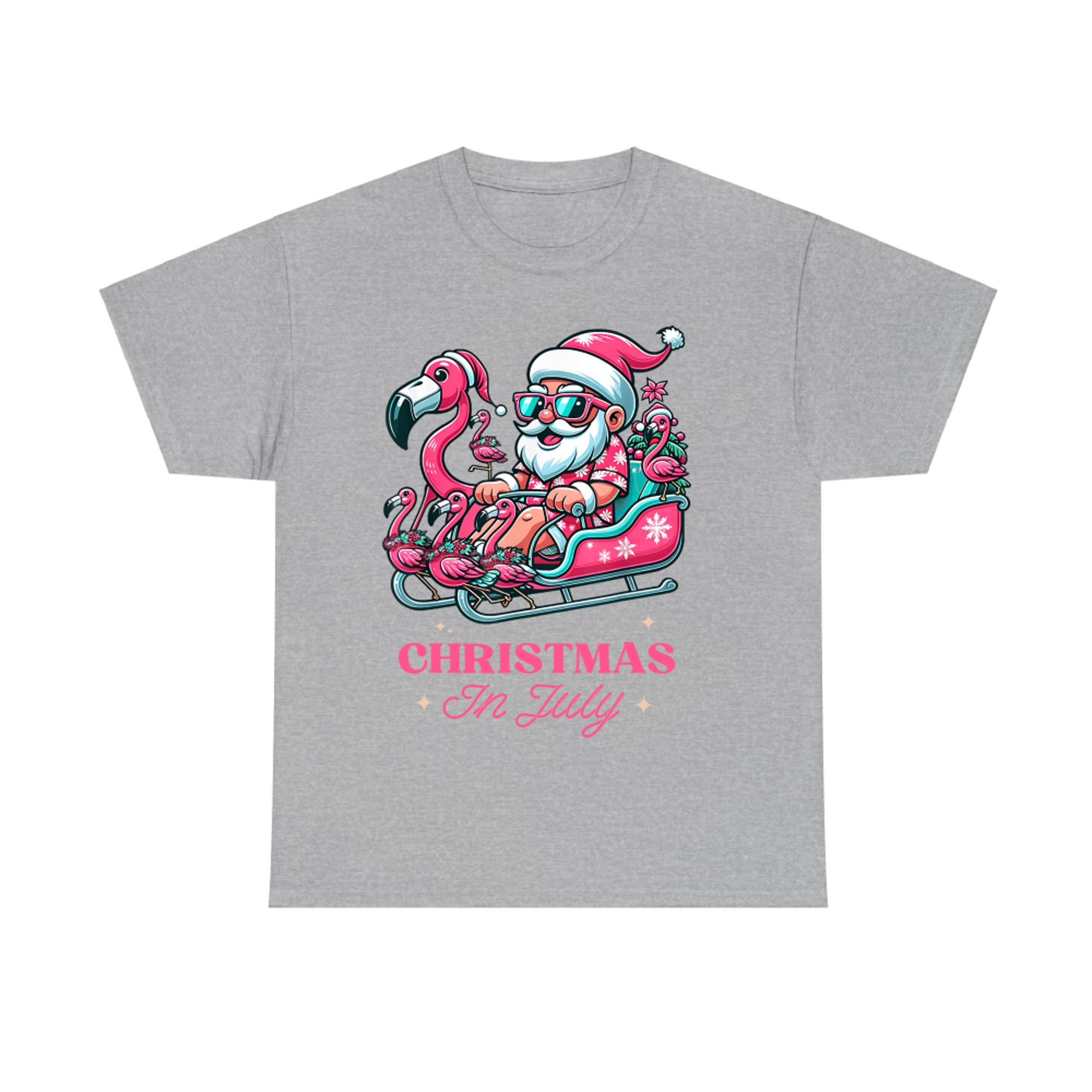 Funny Christmas in July Summer Santa Flamingo Sleigh Xmas T-Shirt
