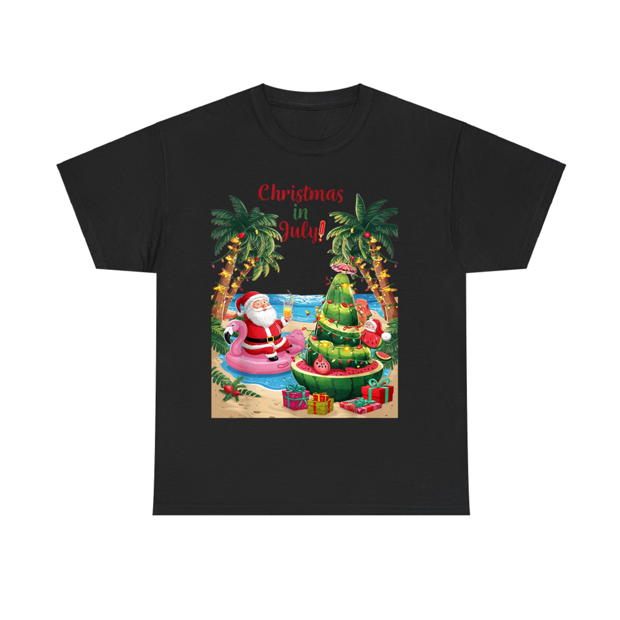 Christmas in July Tropical Santa with Flamingo Float Watermelon Tree T-Shirt
