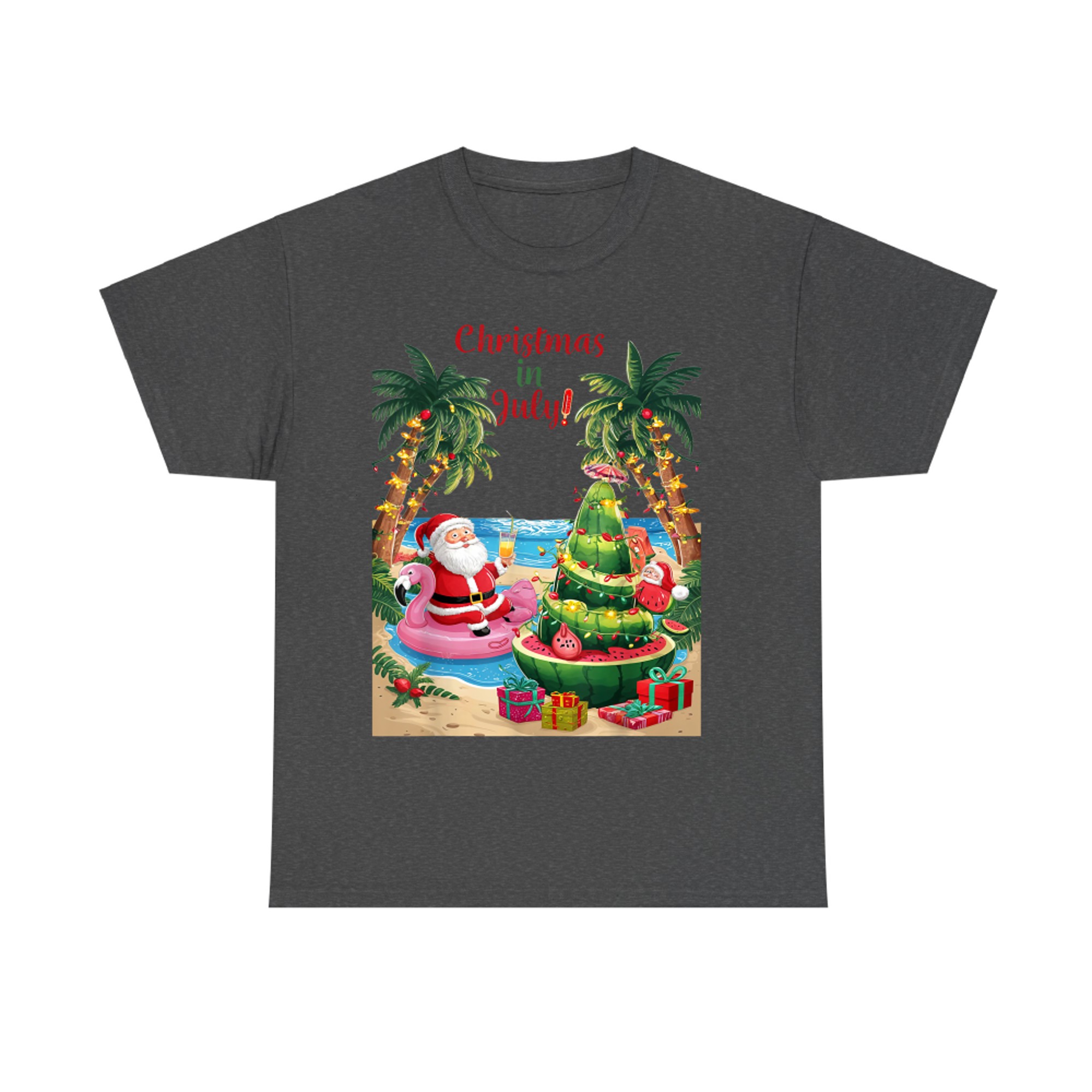 Christmas in July Tropical Santa with Flamingo Float Watermelon Tree T-Shirt