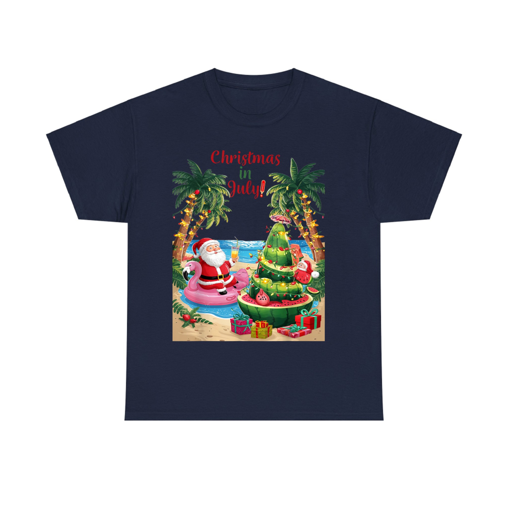 Christmas in July Tropical Santa with Flamingo Float Watermelon Tree T-Shirt
