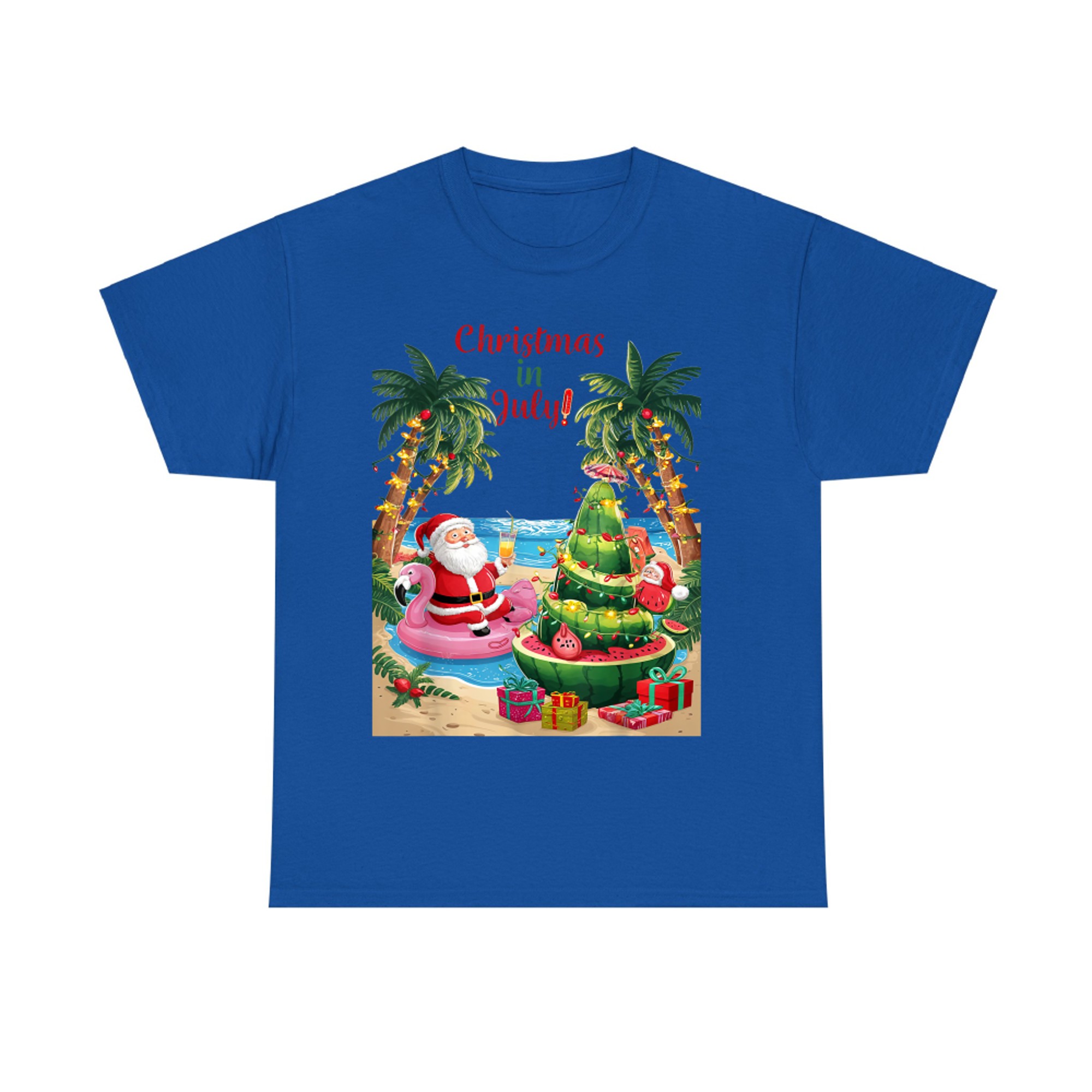 Christmas in July Tropical Santa with Flamingo Float Watermelon Tree T-Shirt