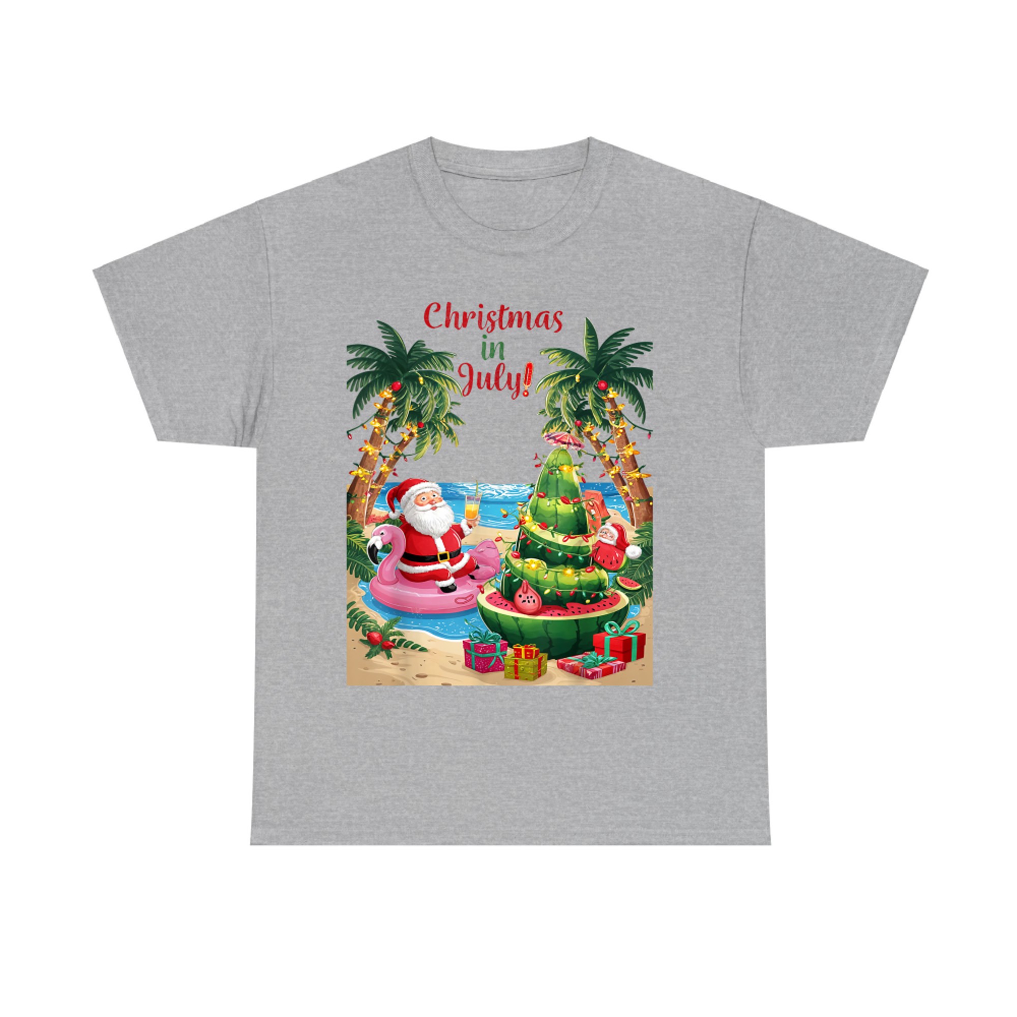 Christmas in July Tropical Santa with Flamingo Float Watermelon Tree T-Shirt