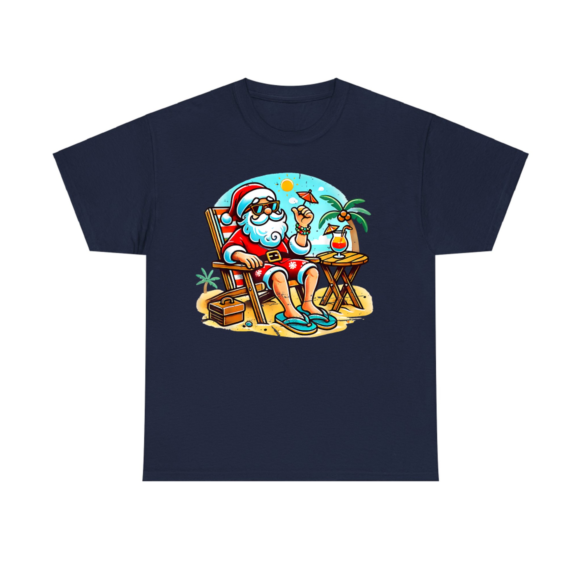 Relaxed Beach Santa with Cocktail Funny Christmas in July T-Shirt