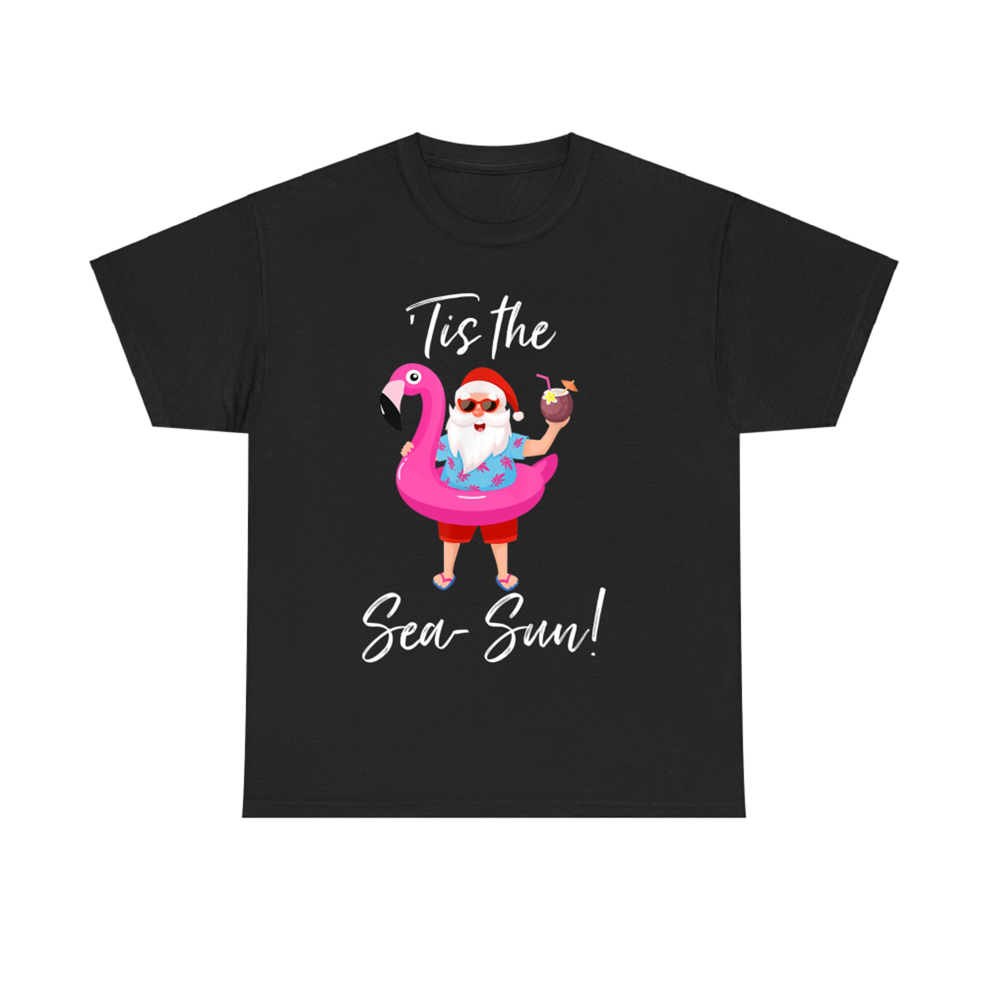 Santa Claus Flamingo Float Tis the Sea-Sun Christmas in July T-Shirt