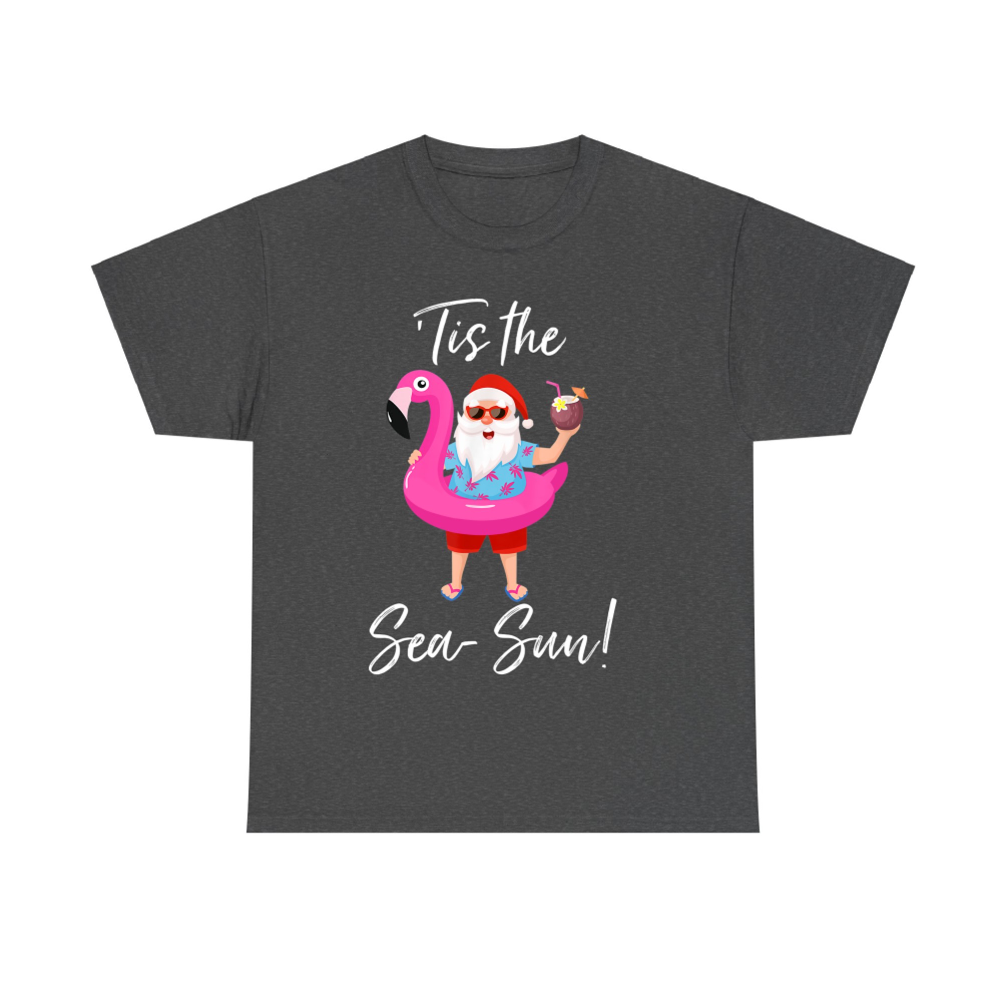 Santa Claus Flamingo Float Tis the Sea-Sun Christmas in July T-Shirt